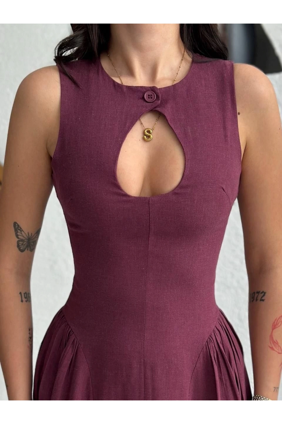 Kolsuz Uzun Kabardin Elbise - Bordo