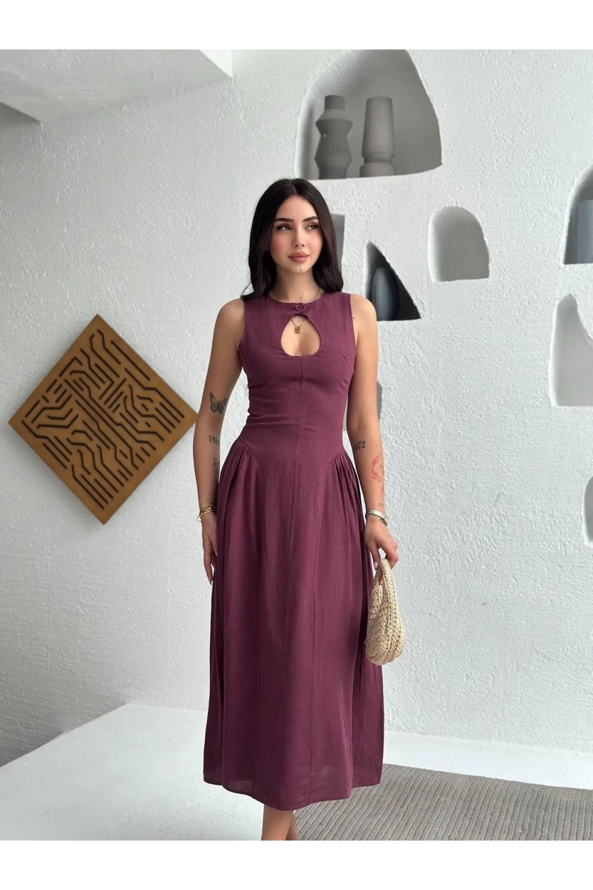 Kolsuz Uzun Kabardin Elbise - Bordo