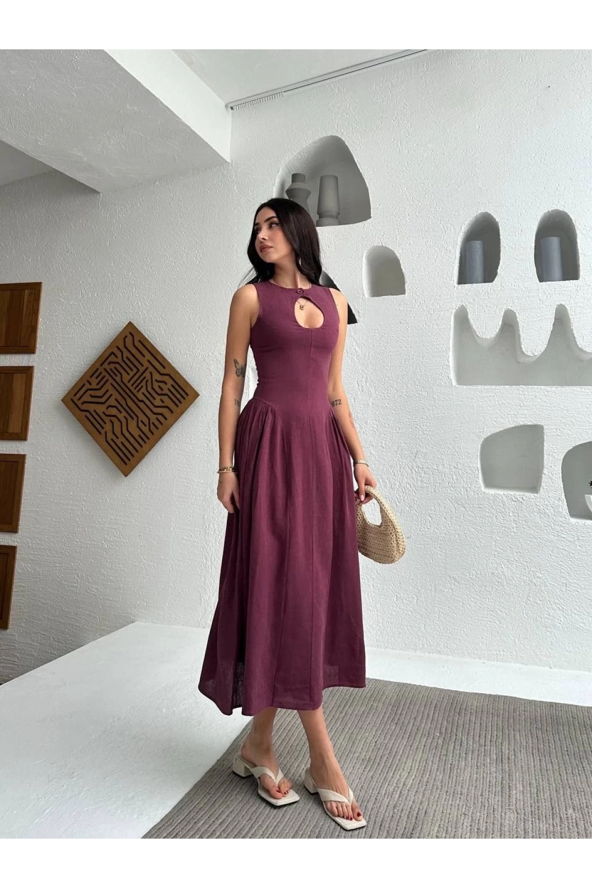 Kolsuz Uzun Kabardin Elbise - Bordo