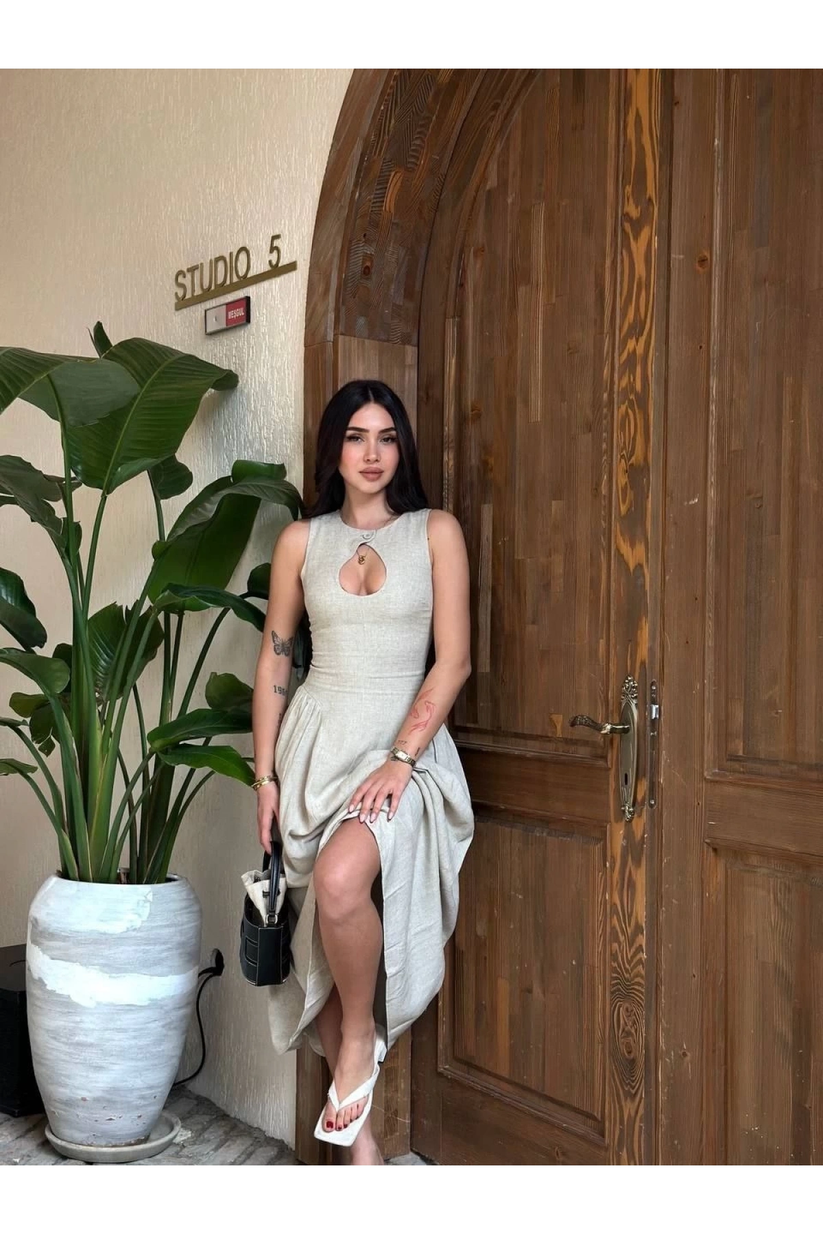 Kolsuz Uzun Kabardin Elbise - Gri