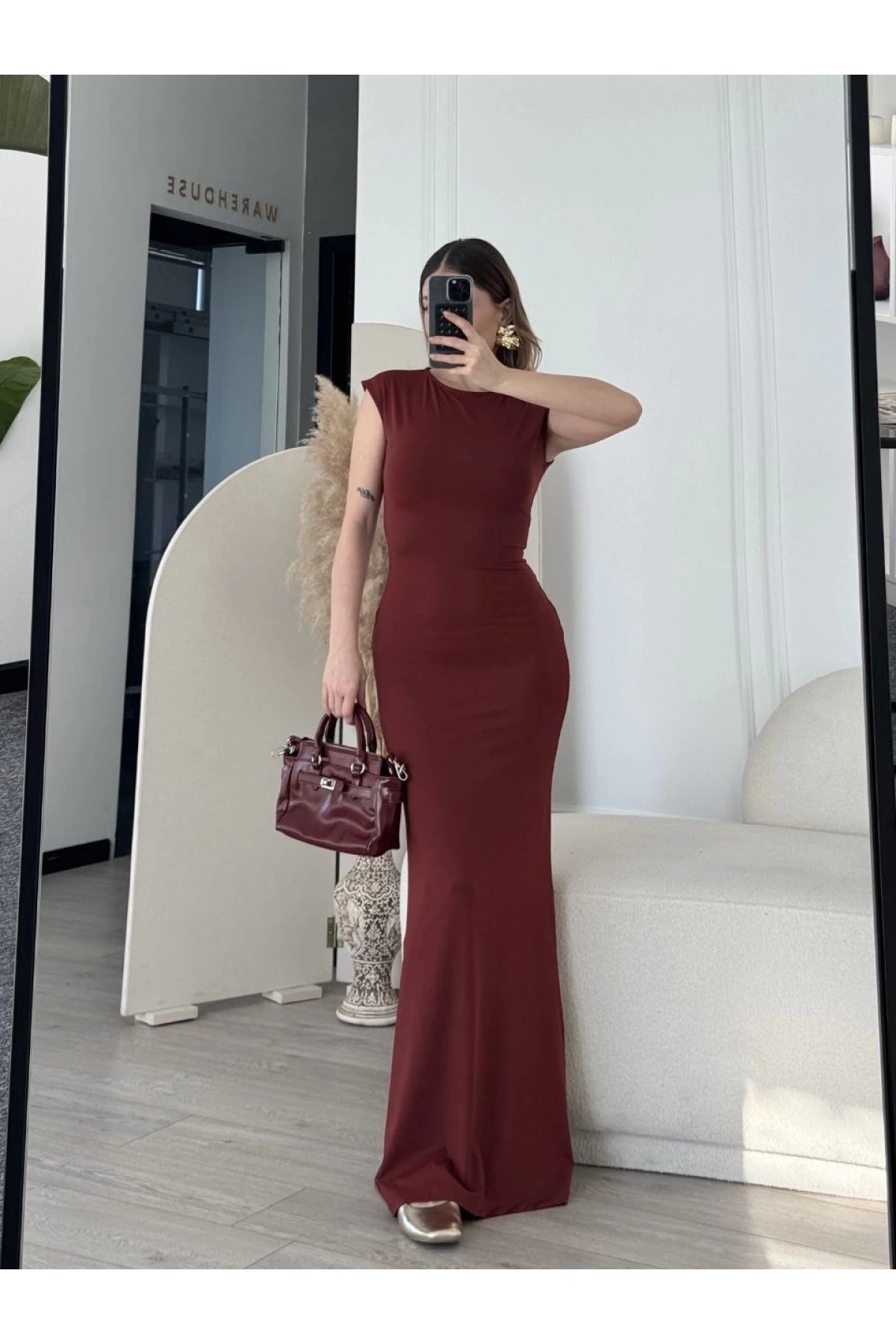 Kolsuz Uzun Likralı Elbise - Bordo