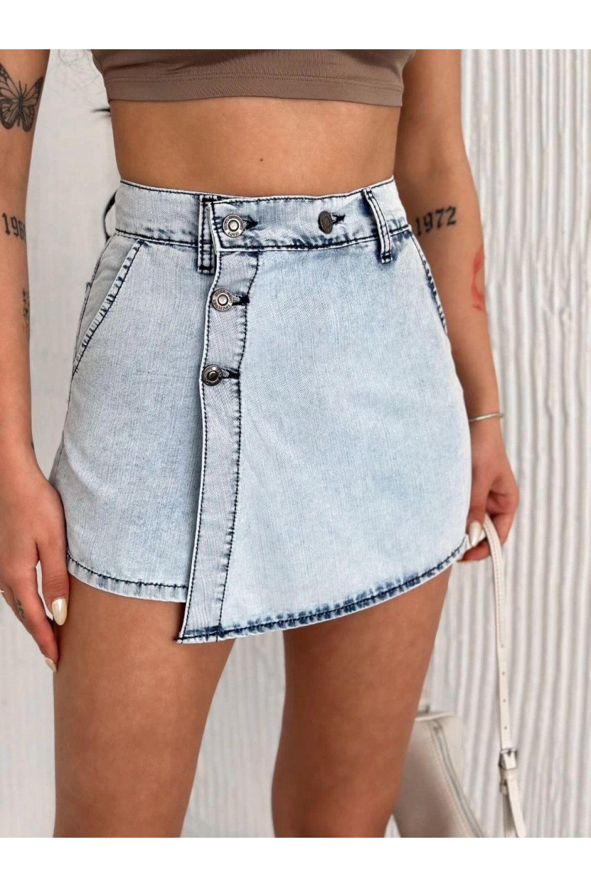 Kot Jeans Kesimetrik Kesim Cepli Şortlu Etek - Gri