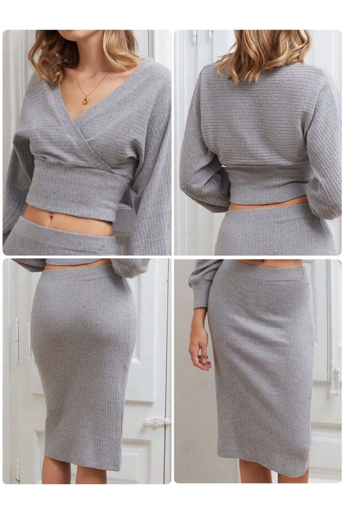 Kruvaze şardonlu etekli takım gri