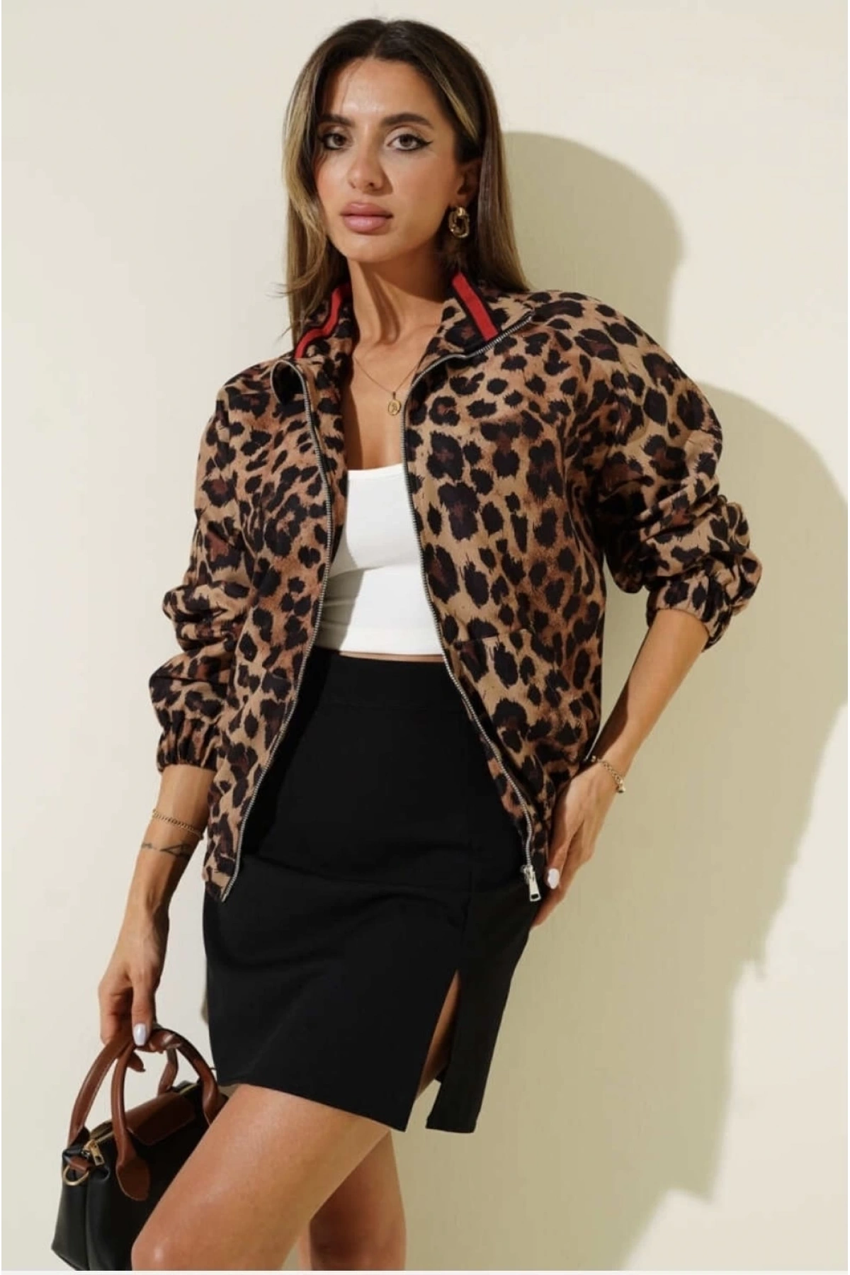 Leopar desenli astarlı ceket siyah t1192