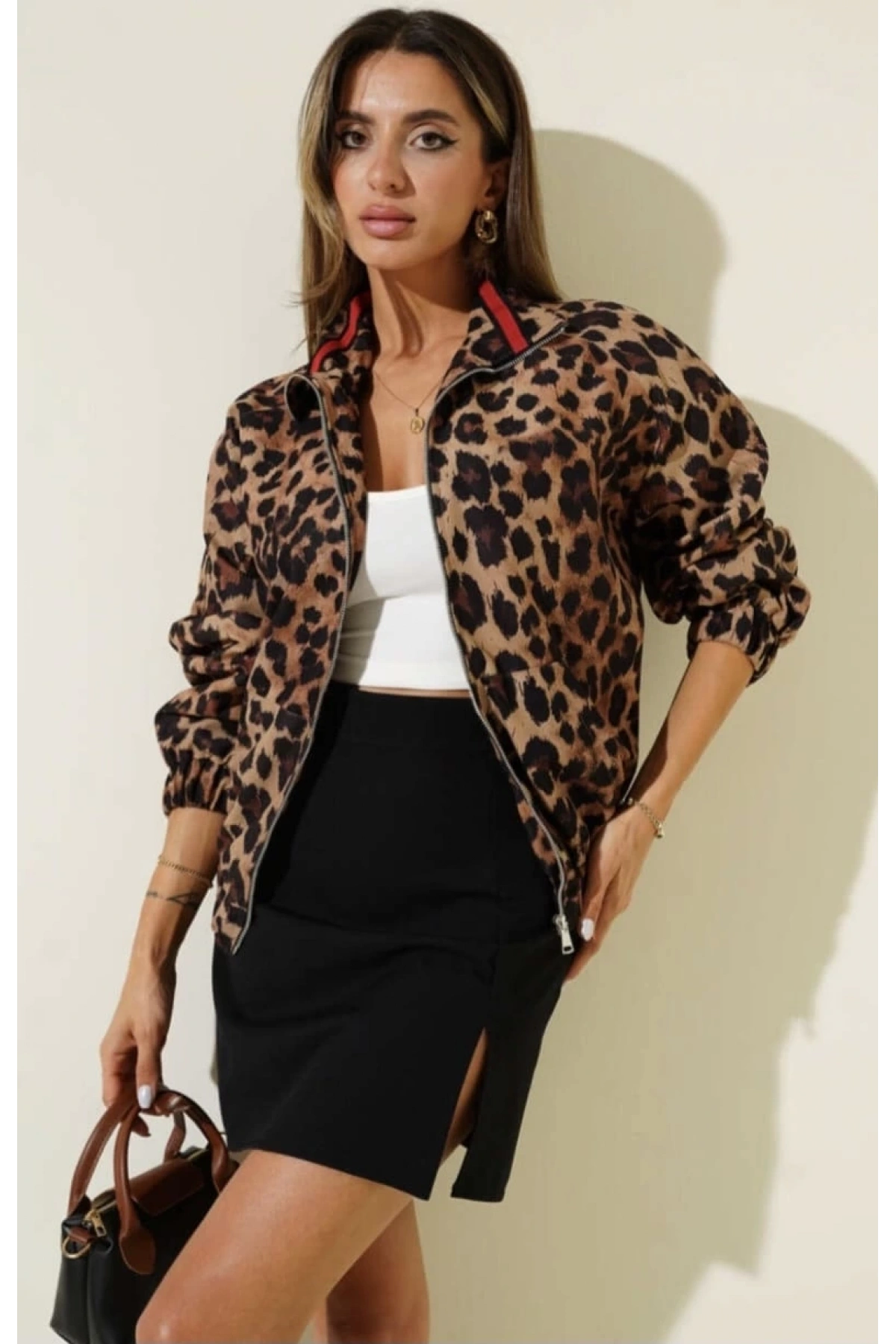 Leopar desenli astarlı ceket siyah t1192