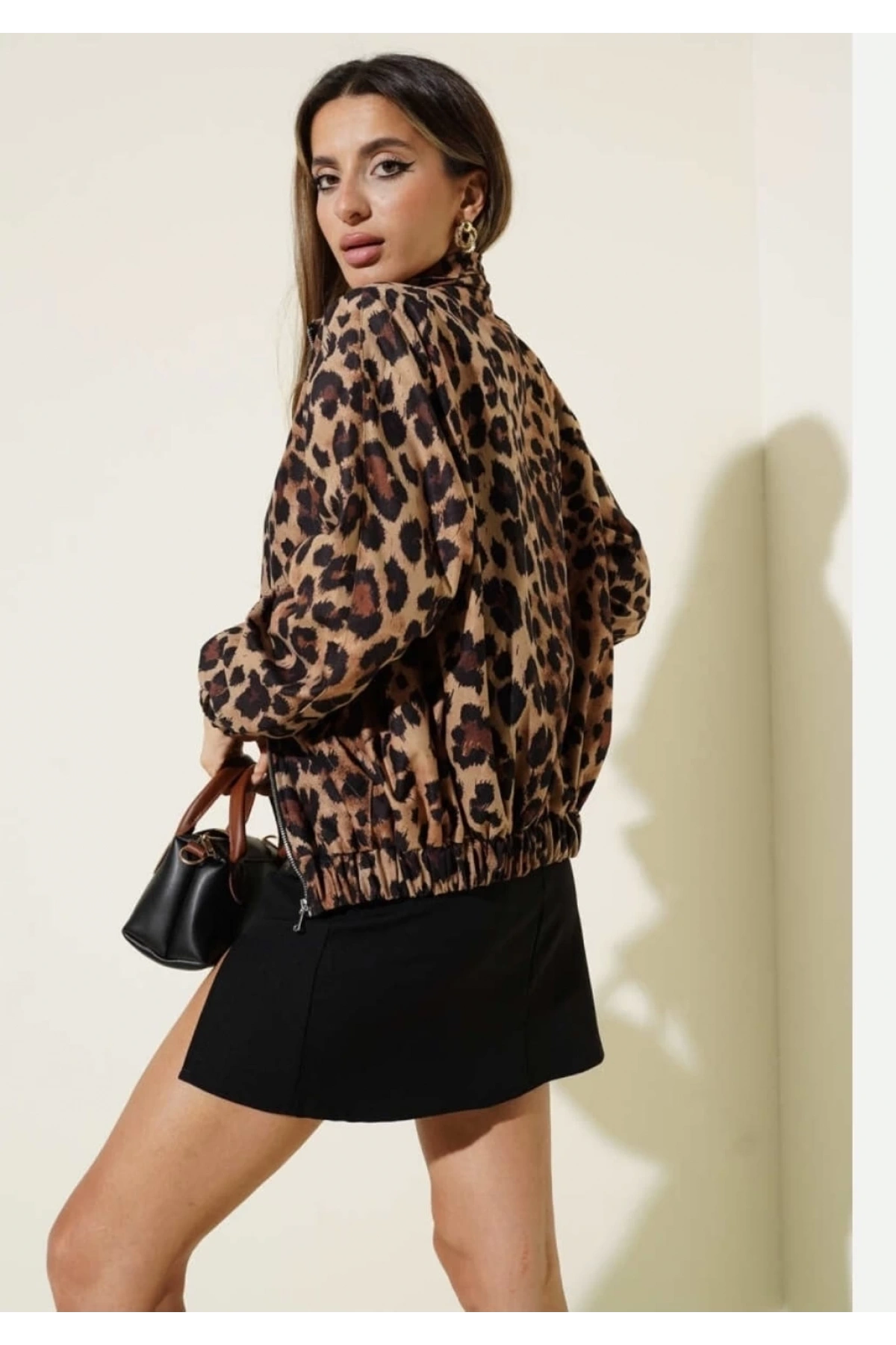 Leopar desenli astarlı ceket siyah t1192