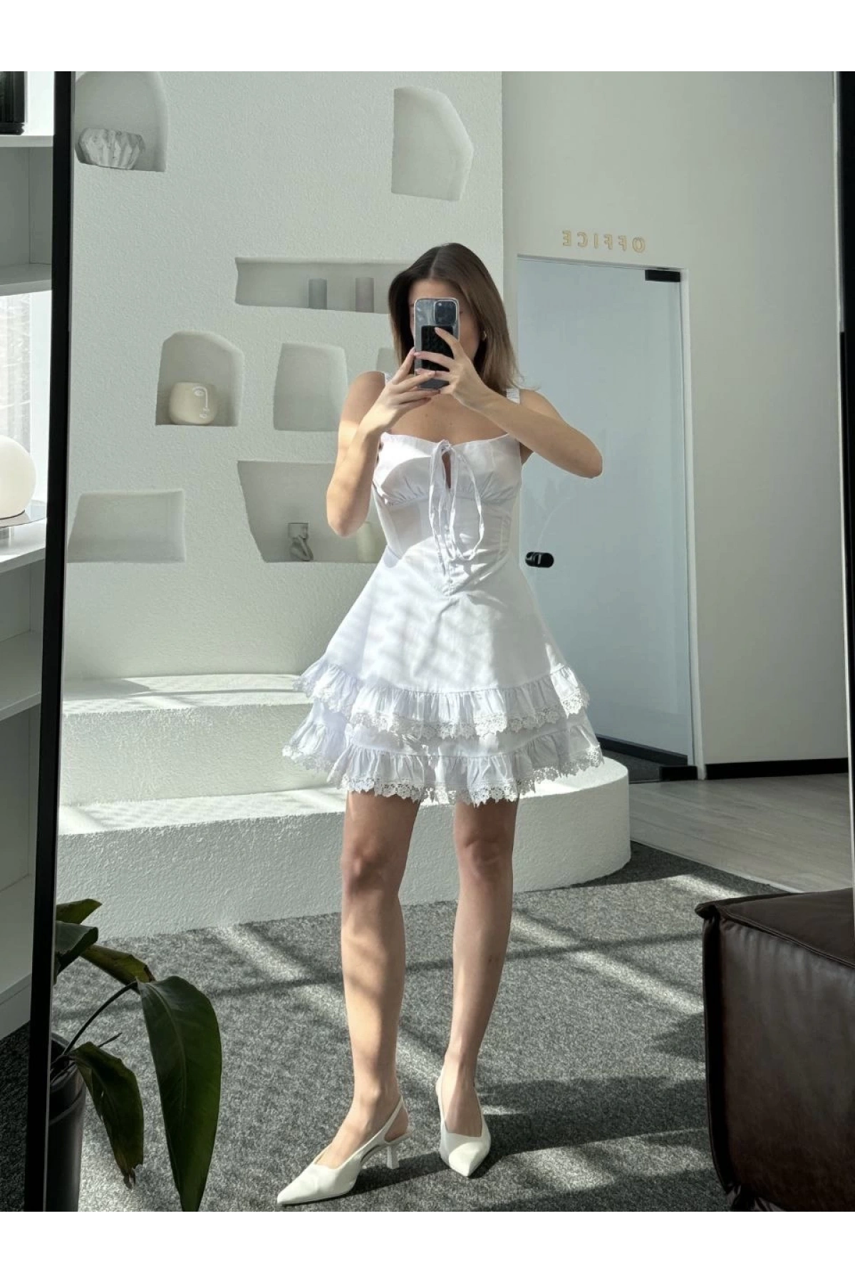 Mini Askılı Elbise - Beyaz