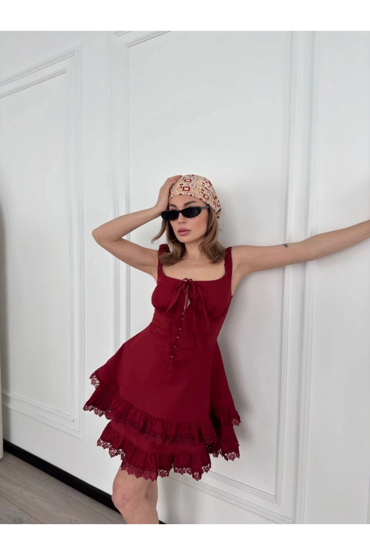 Mini Askılı Elbise - Bordo