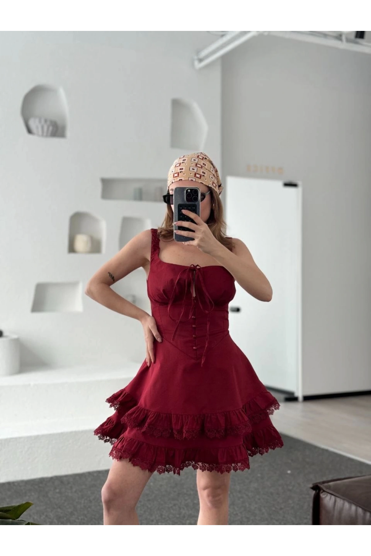 Mini Askılı Elbise - Bordo