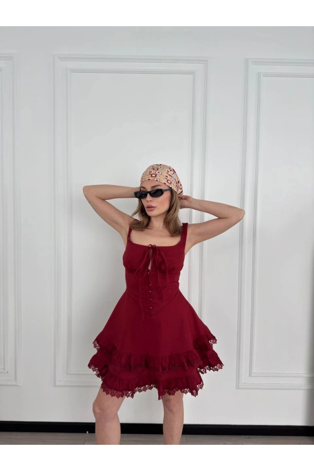 Mini Askılı Elbise - Bordo