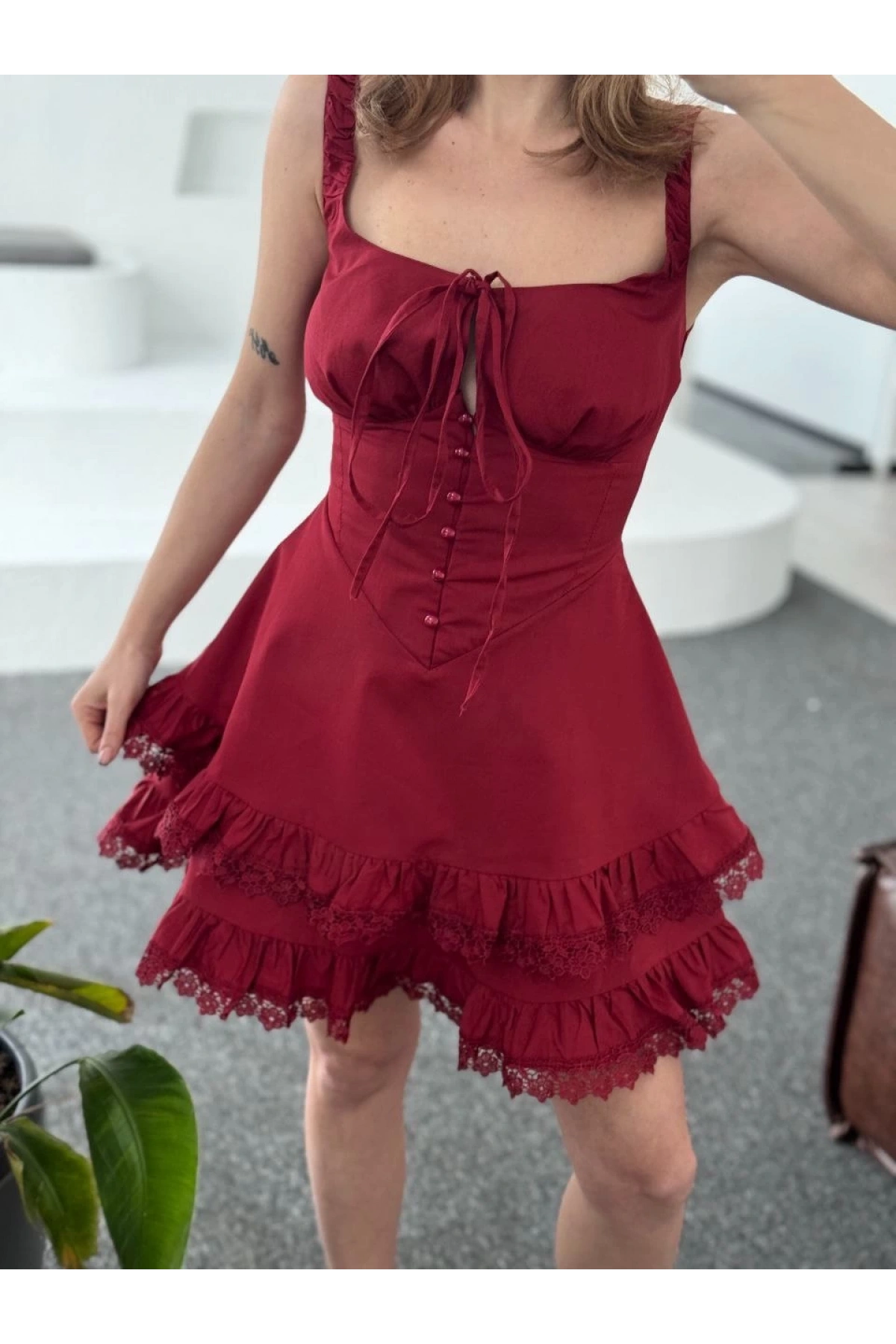 Mini Askılı Elbise - Bordo