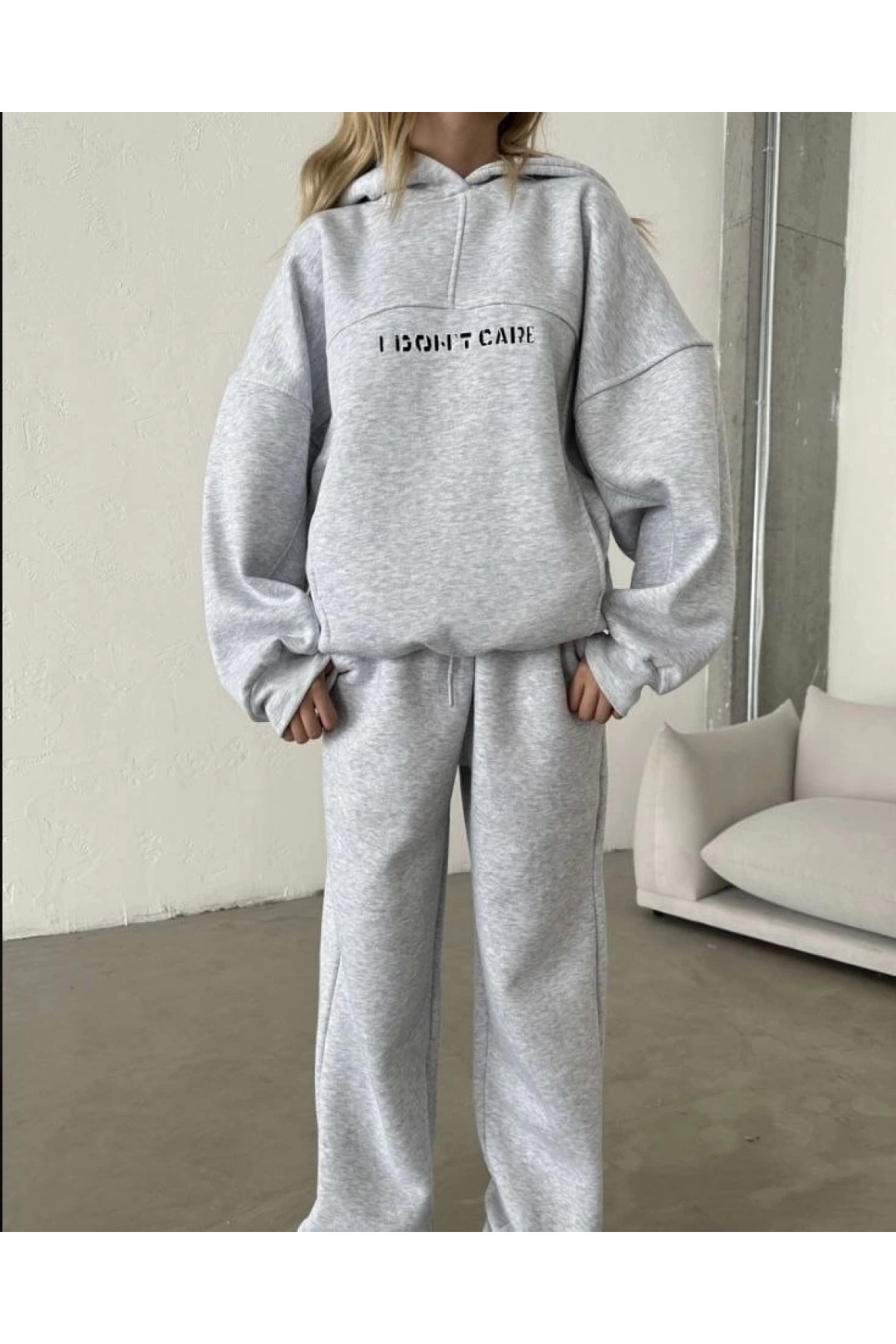 Nakış İşlemeli Üç İplik Sweat Takım- Gri