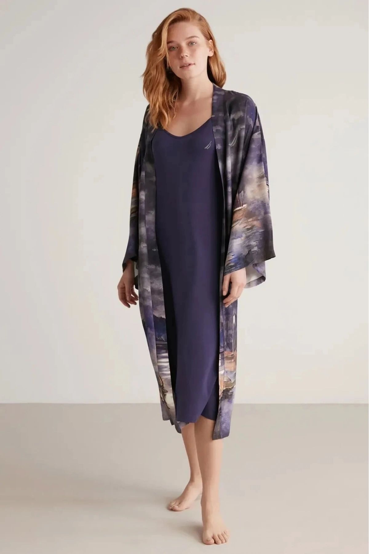 Nautıca W603 Kadın Baskılı Uzun Gecelik ve Sabahlık Takımı