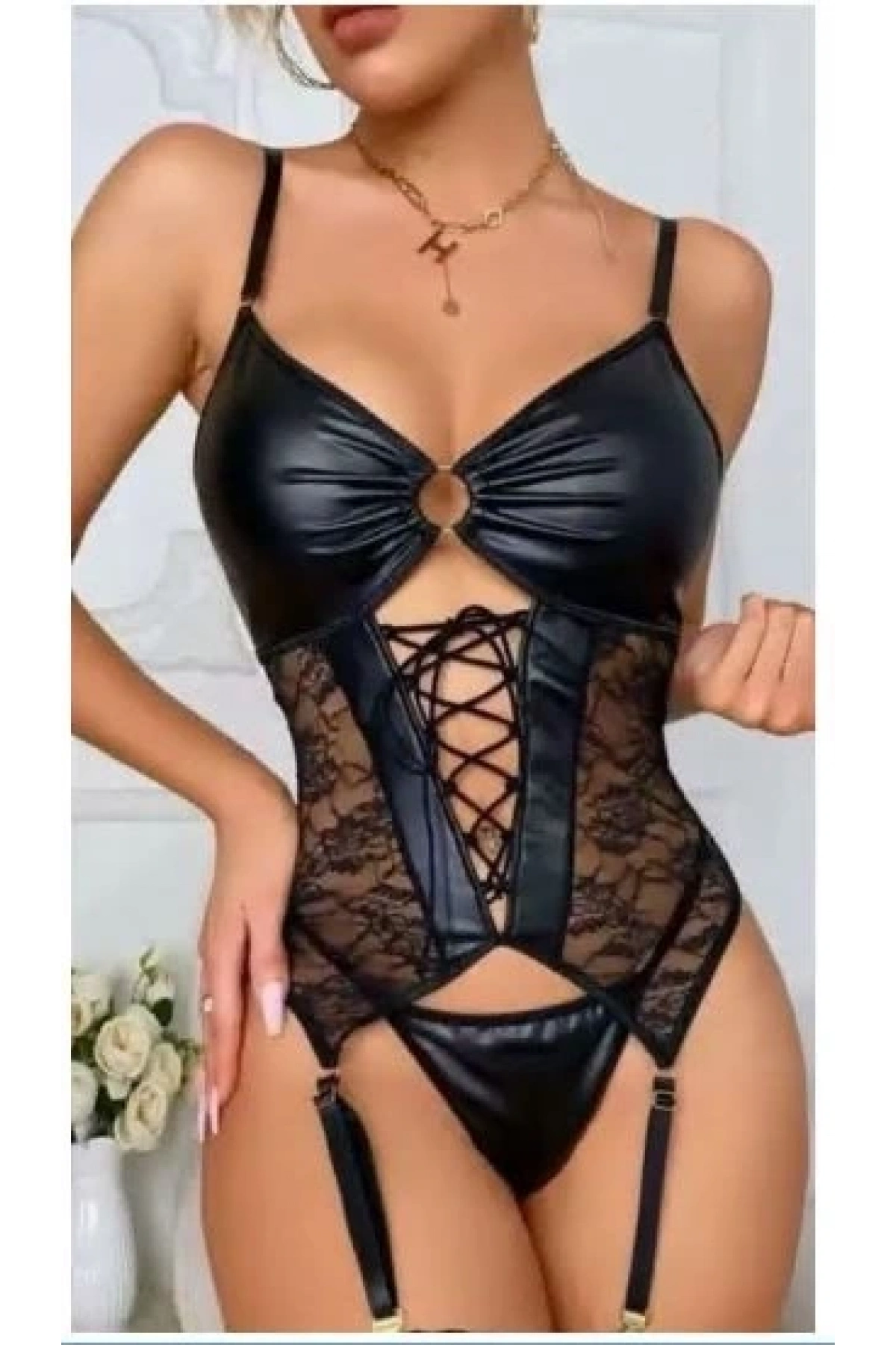 Nightlight 3764 Dantel Detay Deri Jartiyer Takım