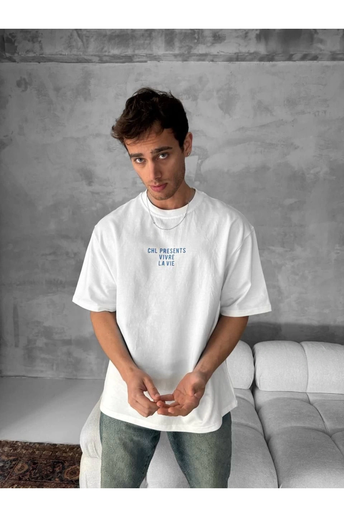 Ön ve Arka Baskılı Oversize Bisiklet Yaka T-shirt- Beyaz