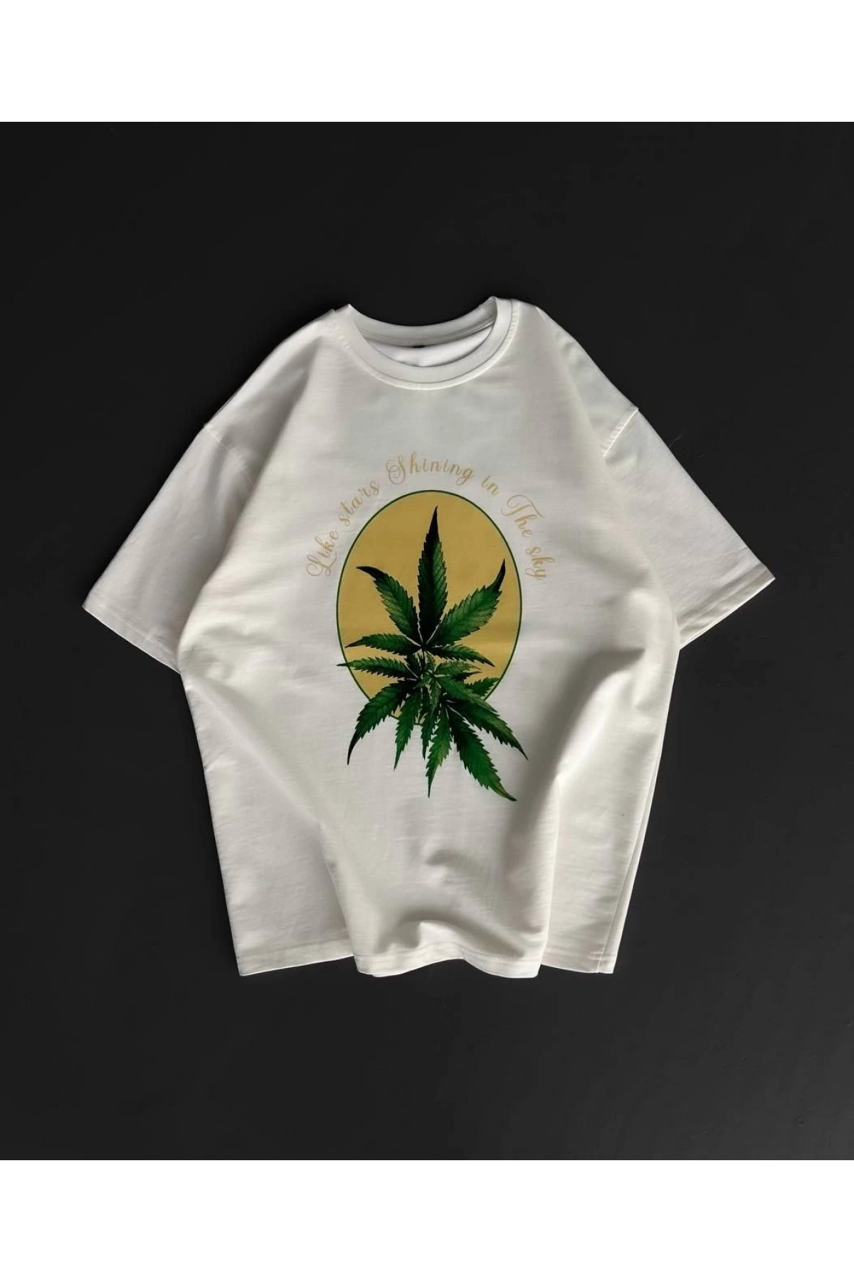 Ön ve Arka Baskılı Oversize Bisiklet Yaka T-shirt- Beyaz