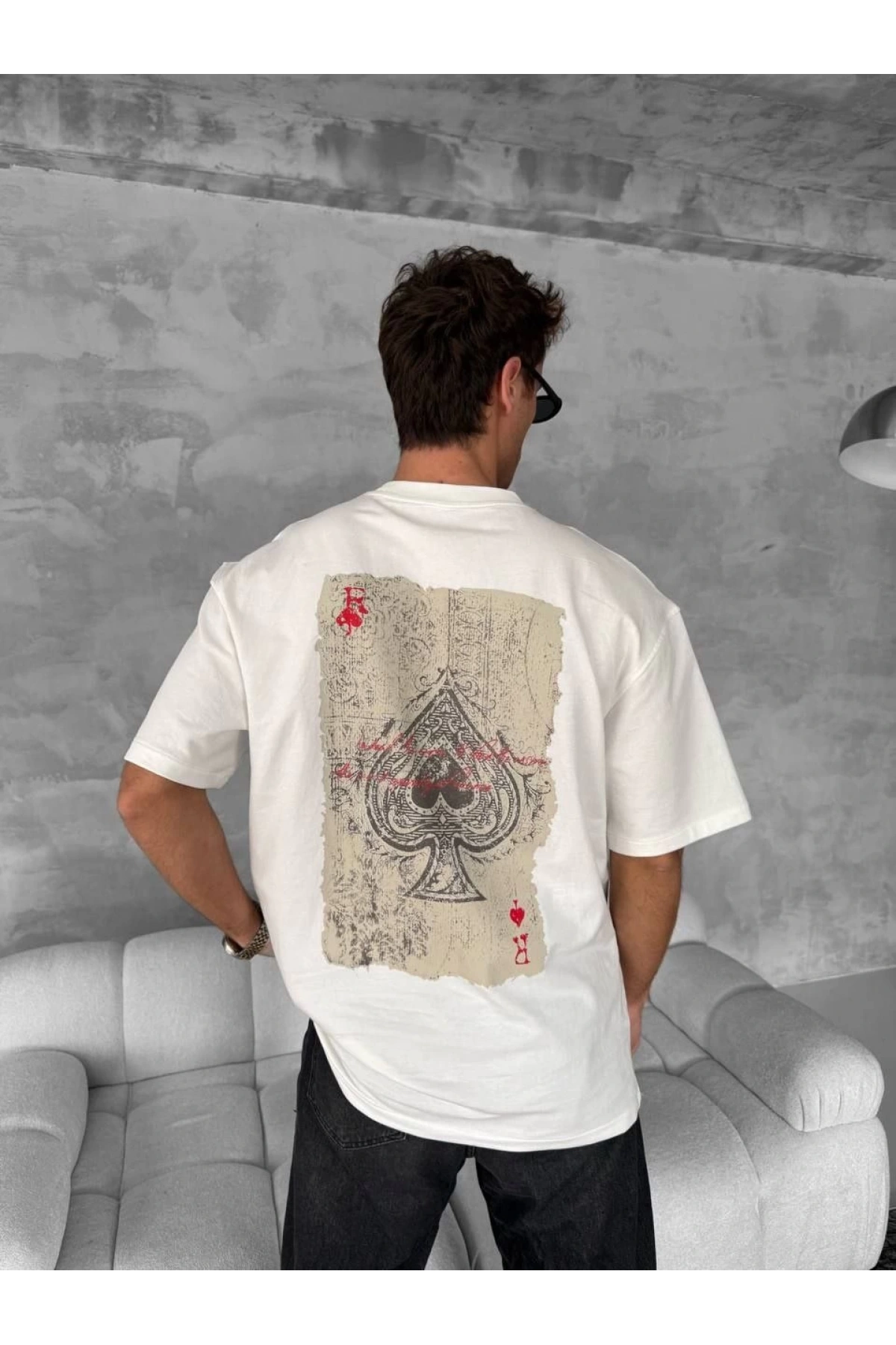 Ön ve Arka Baskılı Oversize Bisiklet Yaka T-shirt - Beyaz