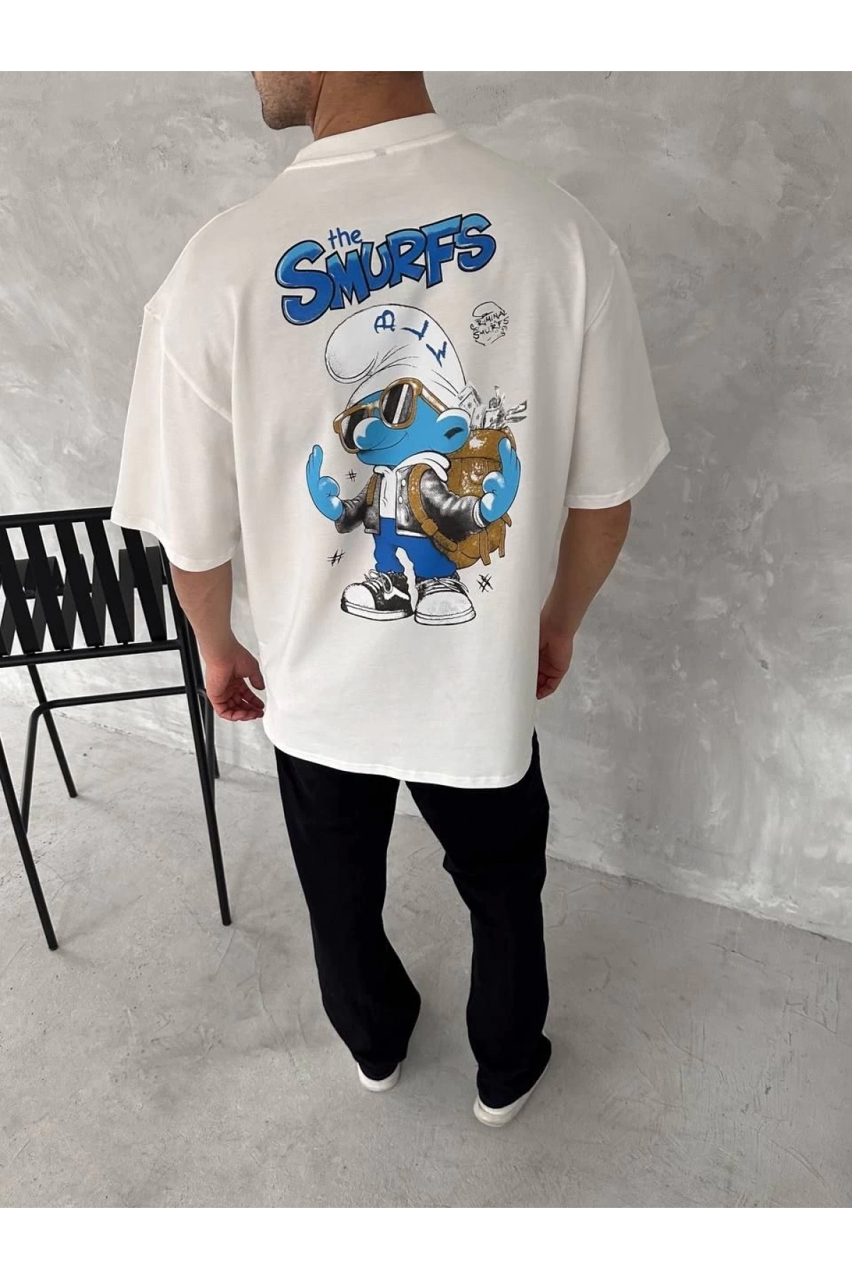 Ön ve Arka Baskılı Oversize Bisiklet Yaka T-shirt- Beyaz