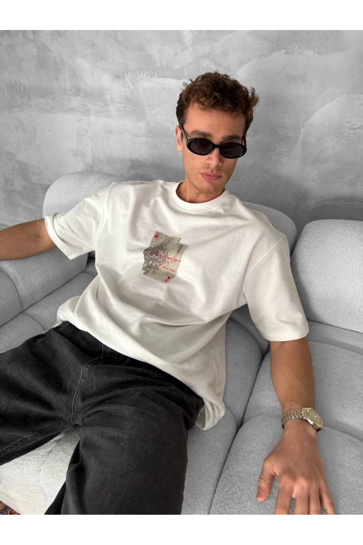 Ön ve Arka Baskılı Oversize Bisiklet Yaka T-shirt - Beyaz