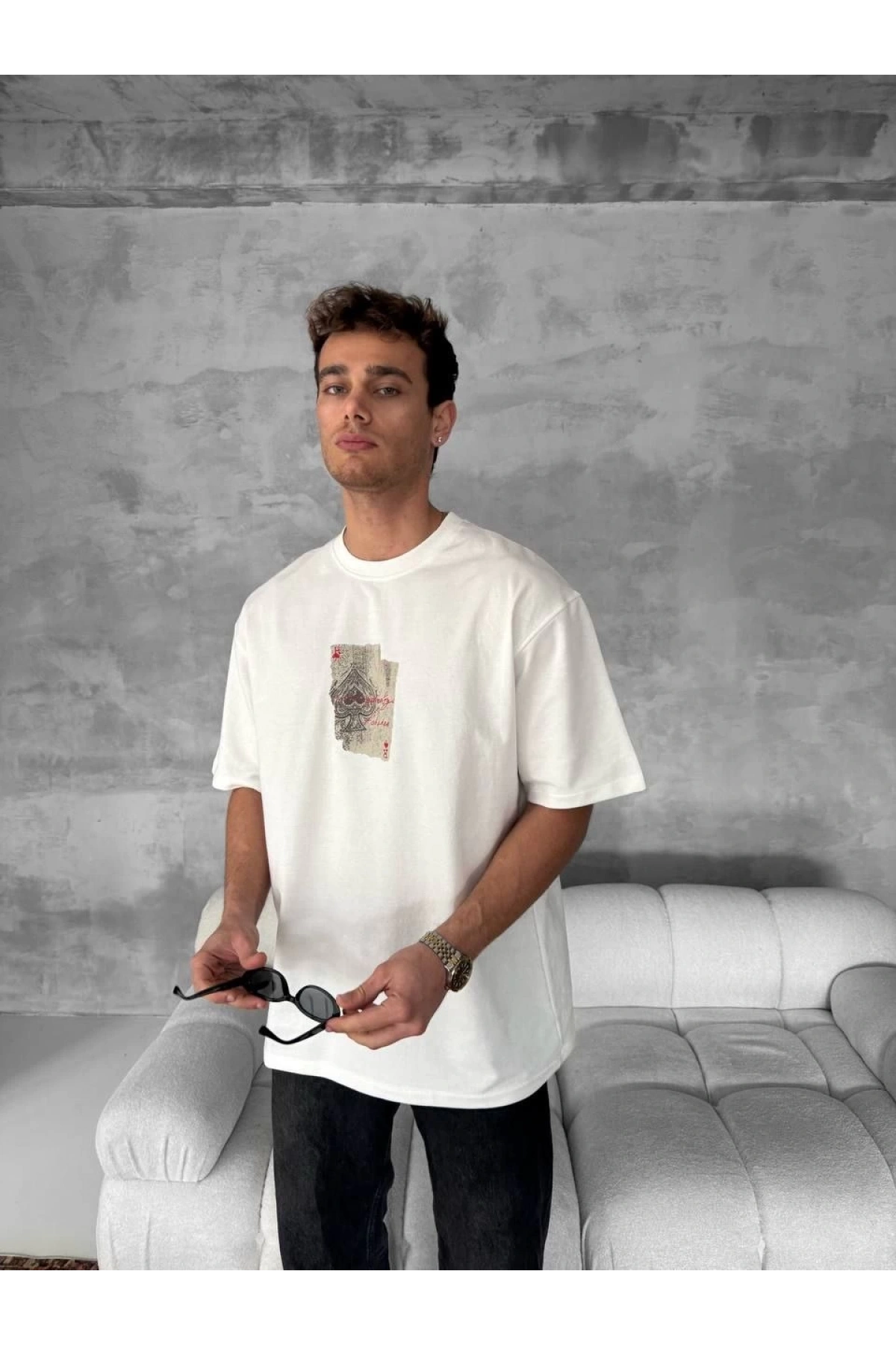 Ön ve Arka Baskılı Oversize Bisiklet Yaka T-shirt - Beyaz