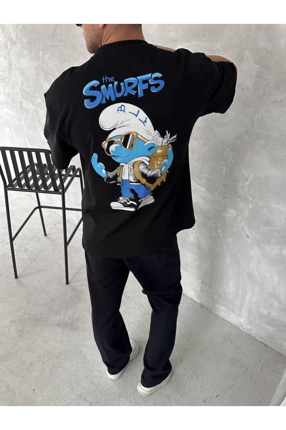 Ön ve Arka Baskılı Oversize Bisiklet Yaka T-shirt- Siyah