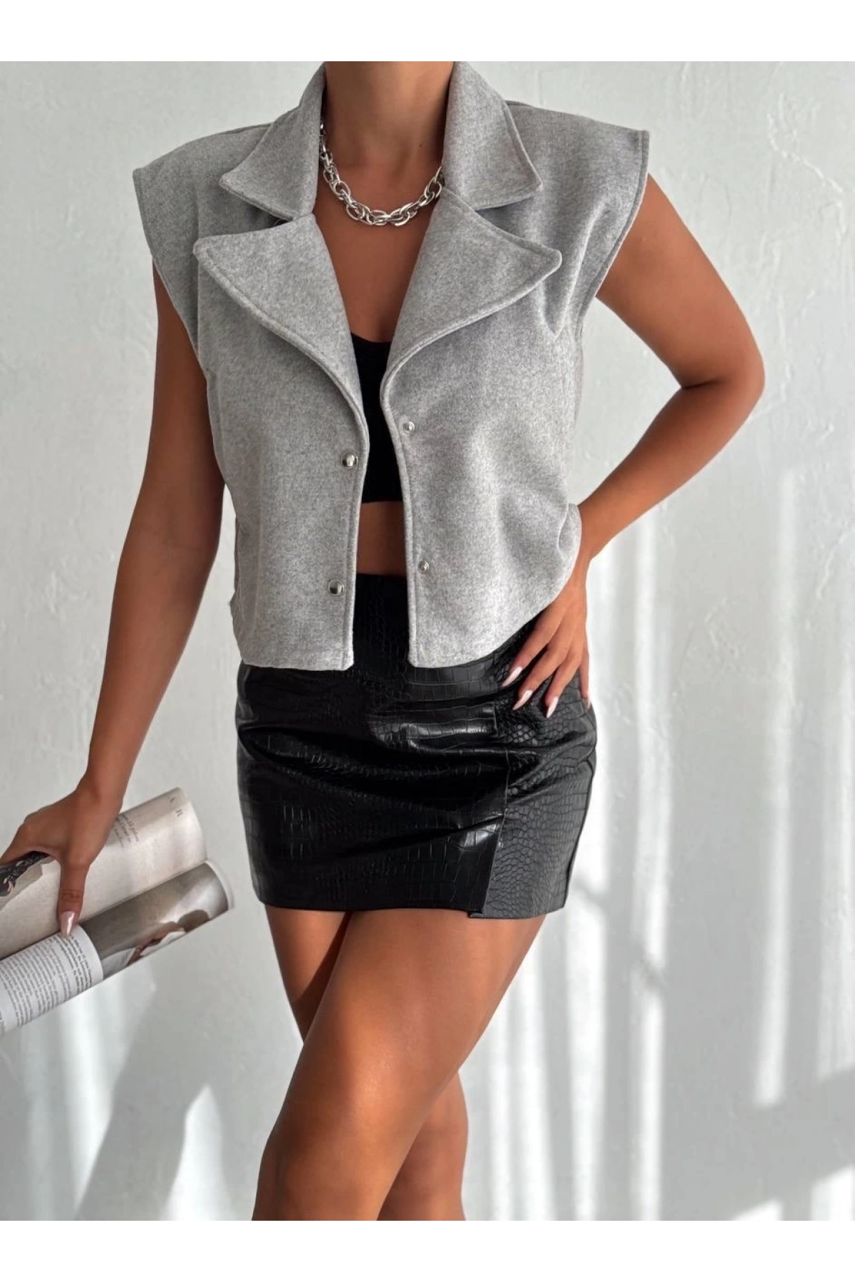 Önü çıtçıtlı cepli kaşe yelek gri f2253