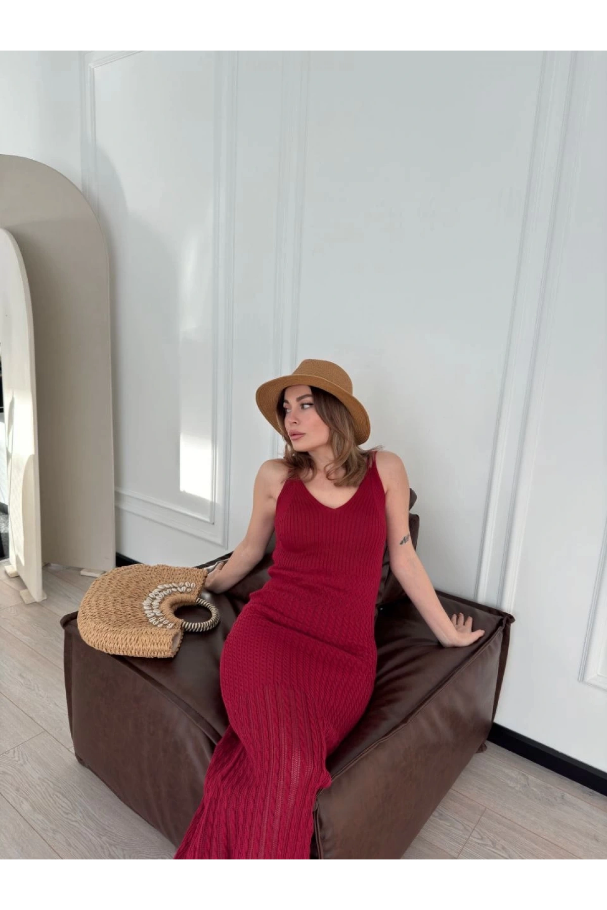 Örgülü Uzun Triko Elbise - Bordo