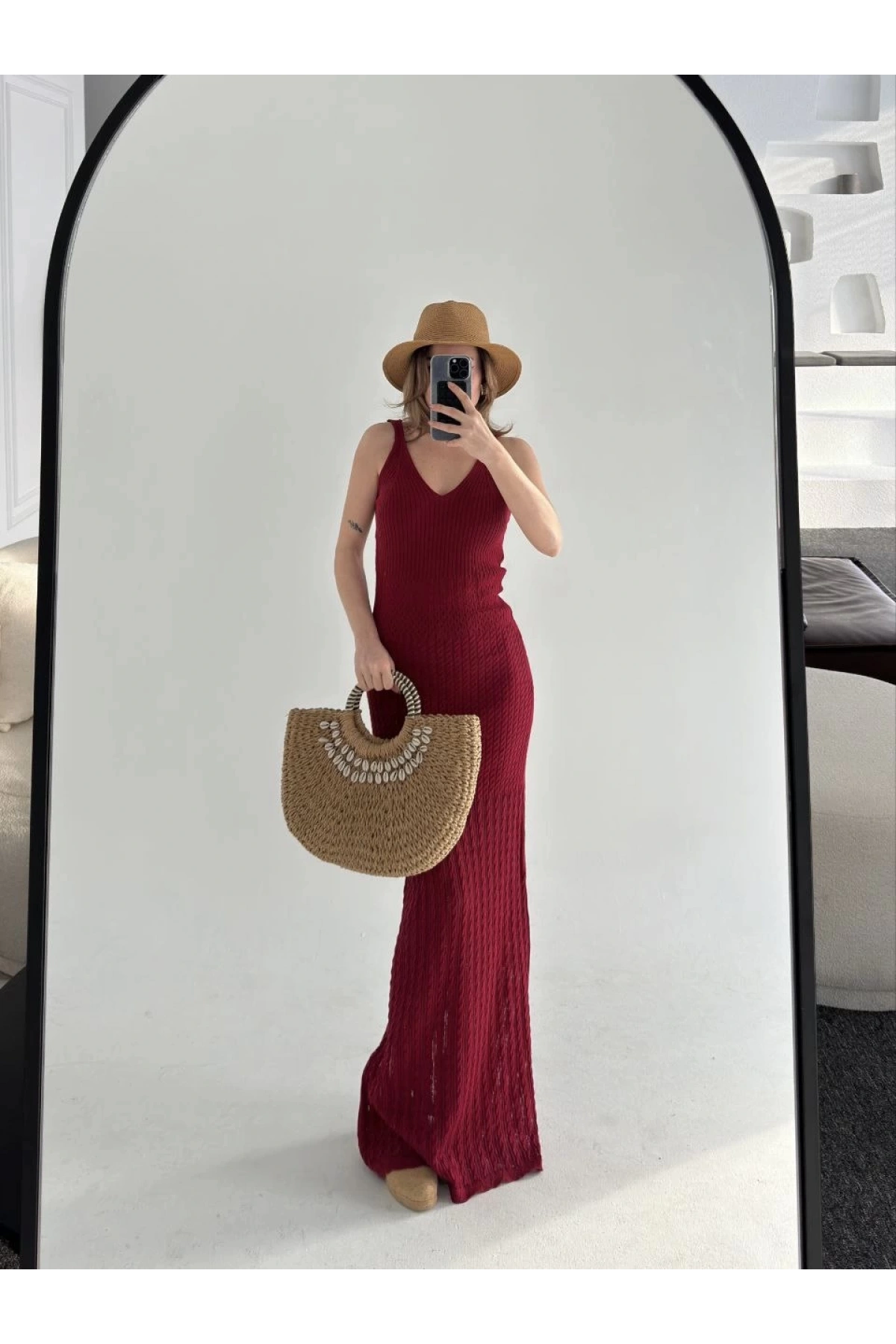 Örgülü Uzun Triko Elbise - Bordo