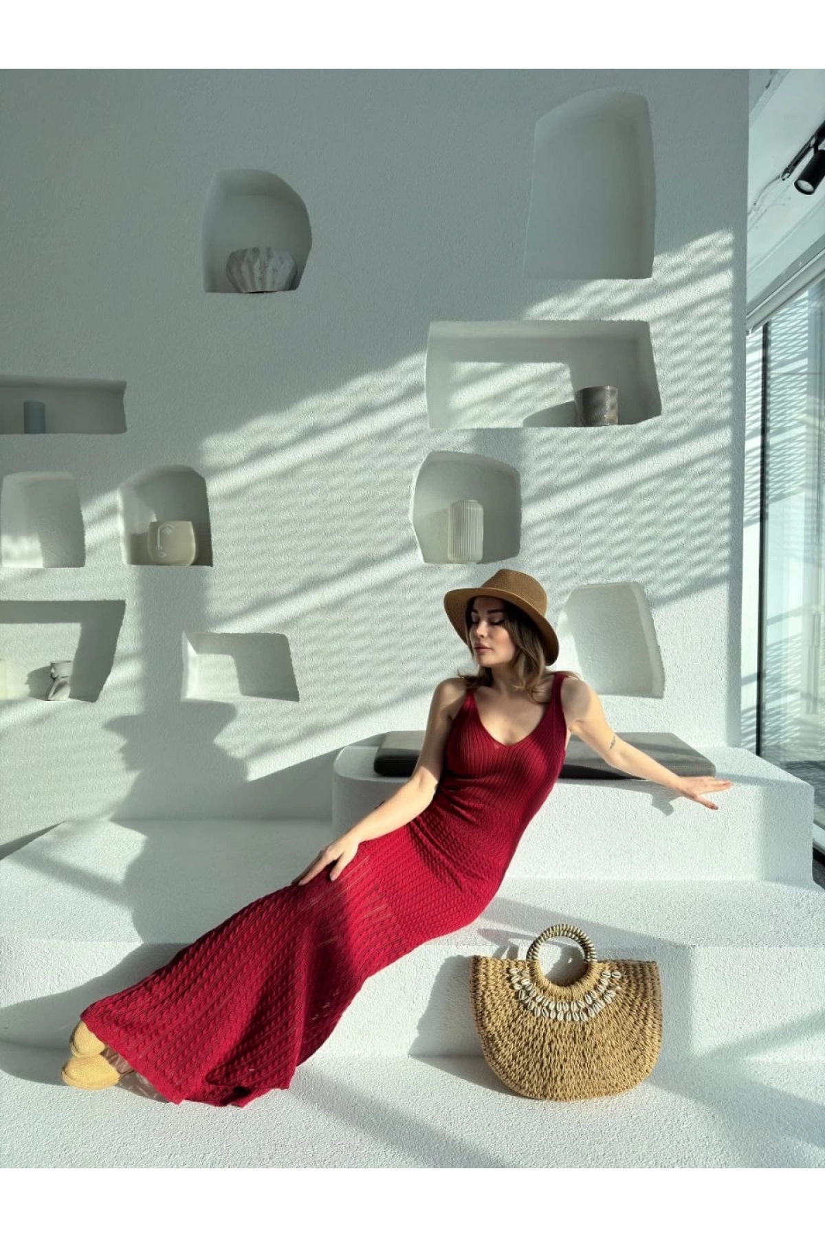 Örgülü Uzun Triko Elbise - Bordo