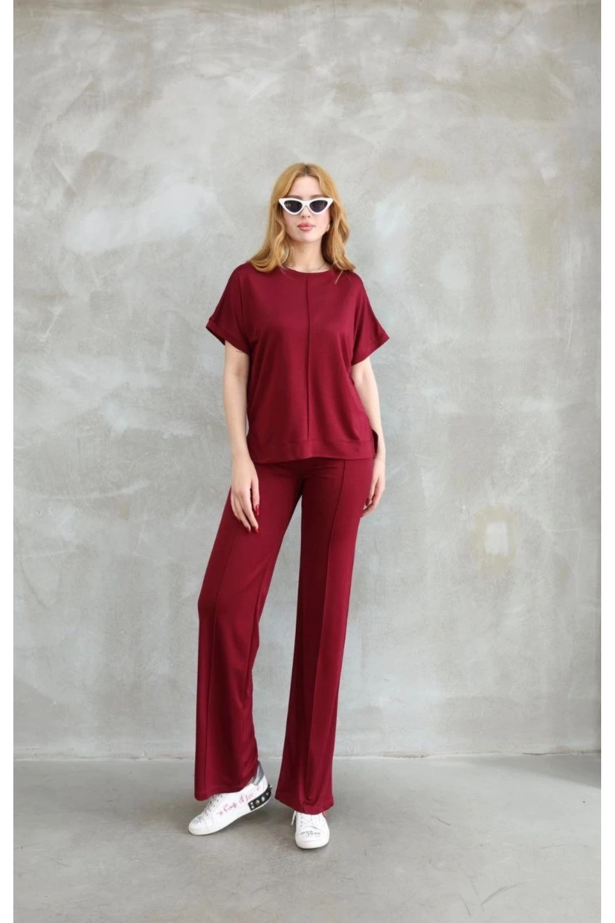 Osy Modal Yumuşak dokulu Kumaş Bisiklet Yaka Kısa Kollu Takım - Bordo