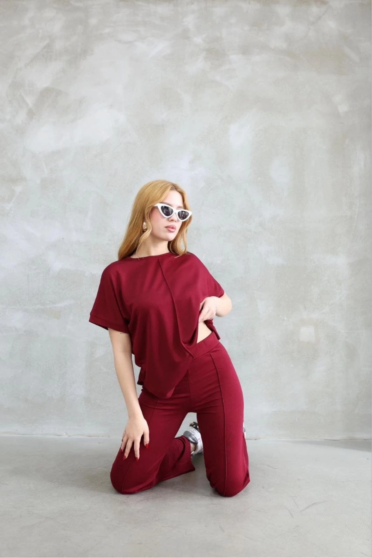 Osy Modal Yumuşak dokulu Kumaş Bisiklet Yaka Kısa Kollu Takım - Bordo