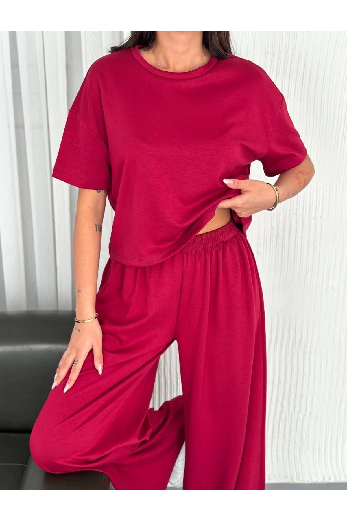 Osy Modal Yumuşak Dokulu Kumaş Bisiklet Yaka T-shirt Bol paça Pantalon ikili Takım -Bordo