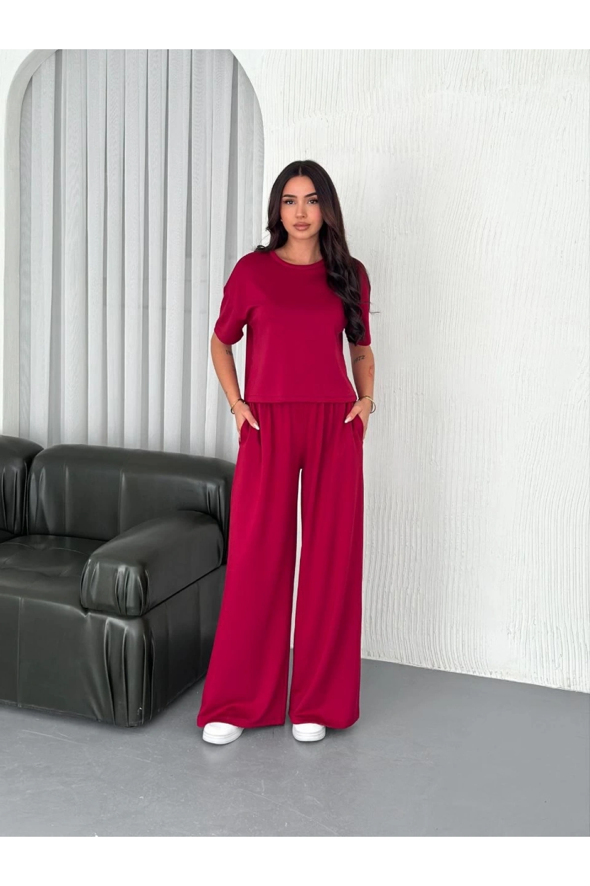 Osy Modal Yumuşak Dokulu Kumaş Bisiklet Yaka T-shirt Bol paça Pantalon ikili Takım -Bordo