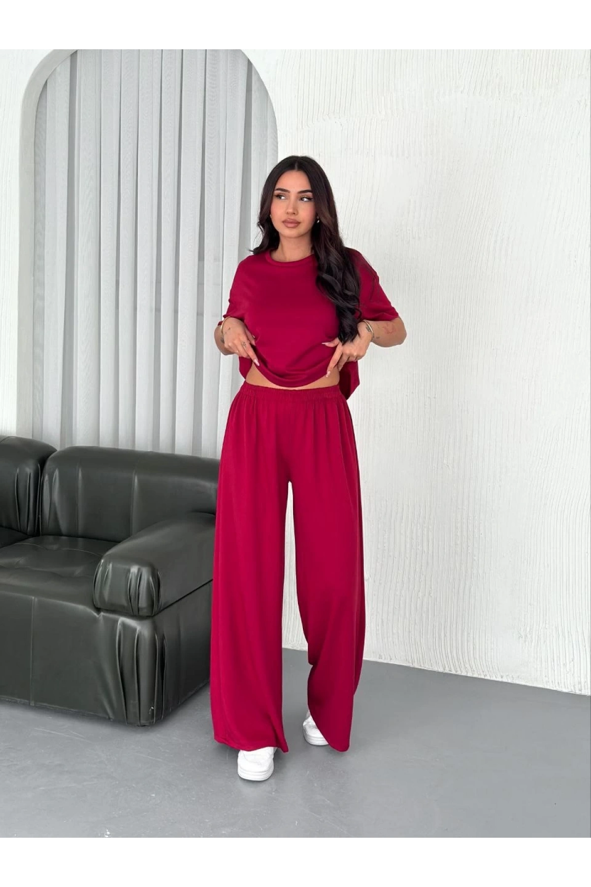 Osy Modal Yumuşak Dokulu Kumaş Bisiklet Yaka T-shirt Bol paça Pantalon ikili Takım -Bordo