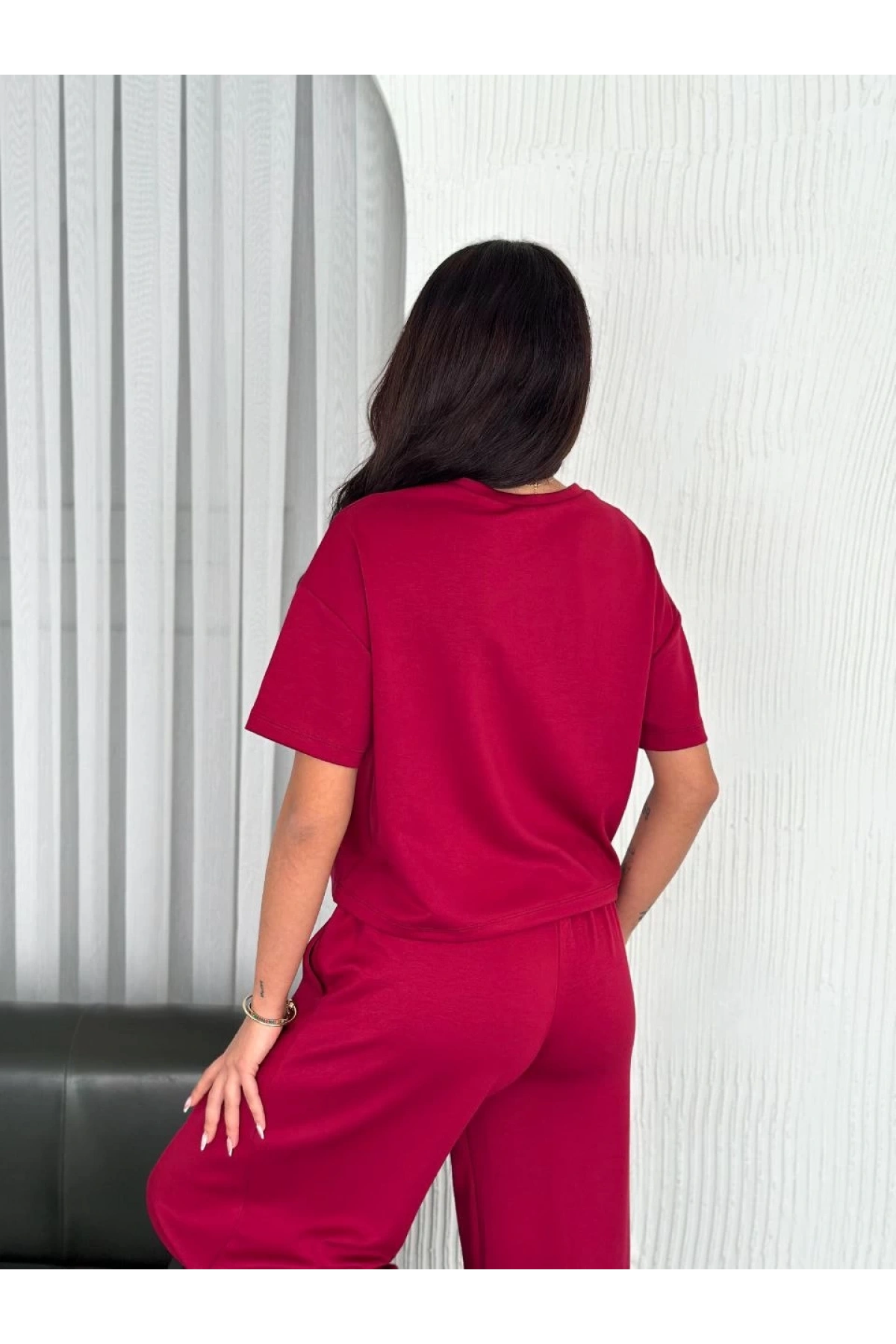 Osy Modal Yumuşak Dokulu Kumaş Bisiklet Yaka T-shirt Bol paça Pantalon ikili Takım -Bordo