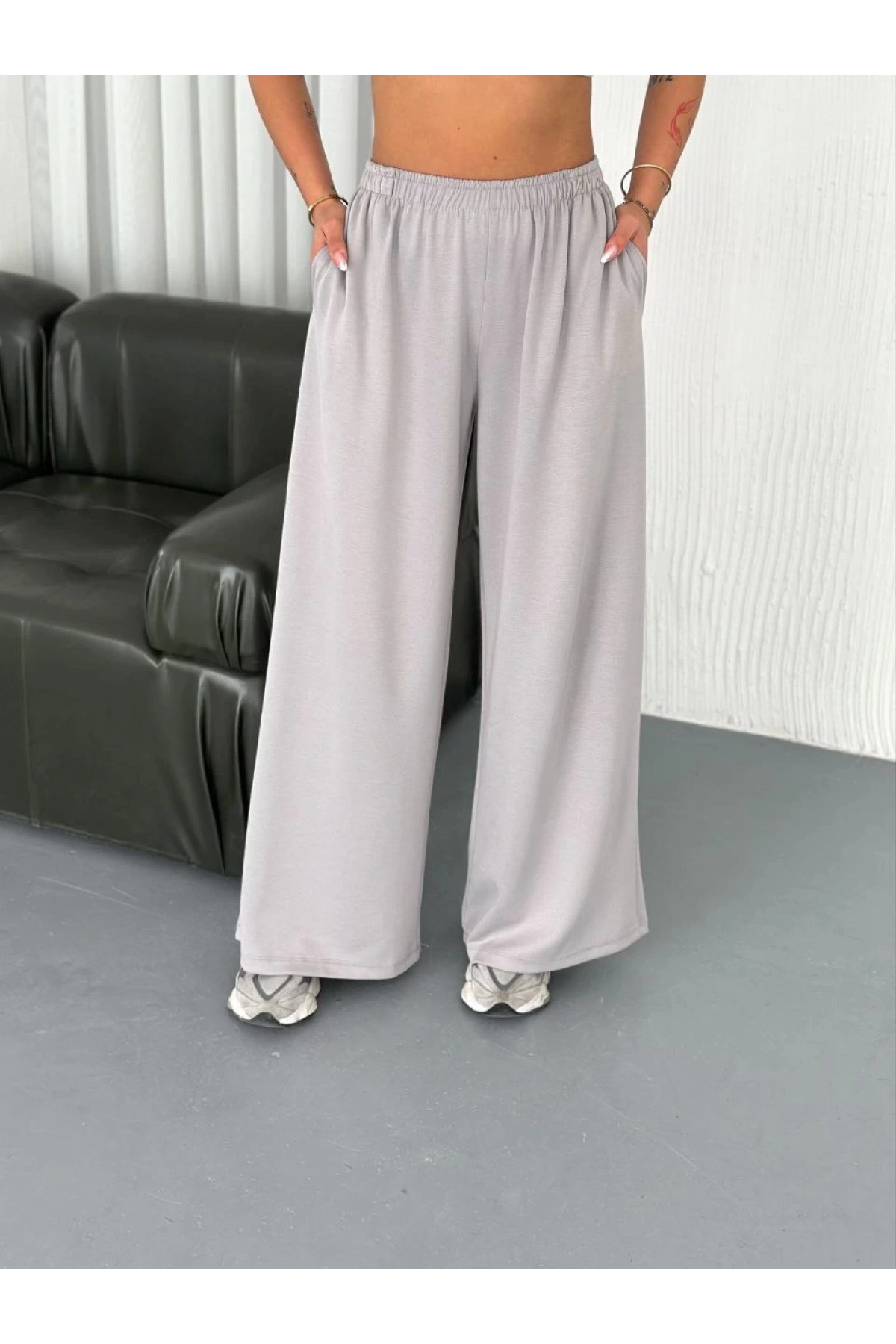 Osy Modal Yumuşak Dokulu Kumaş Bisiklet Yaka T-shirt Bol paça Pantalon ikili Takım - Boyalı Gri