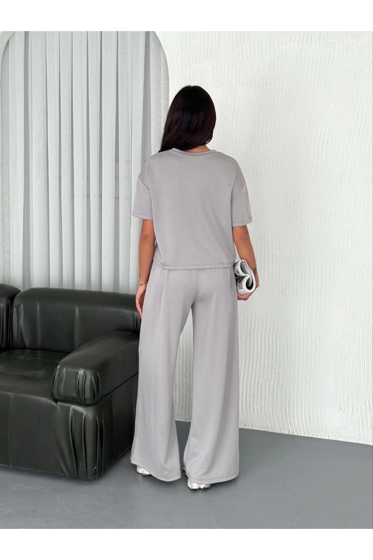 Osy Modal Yumuşak Dokulu Kumaş Bisiklet Yaka T-shirt Bol paça Pantalon ikili Takım - Boyalı Gri