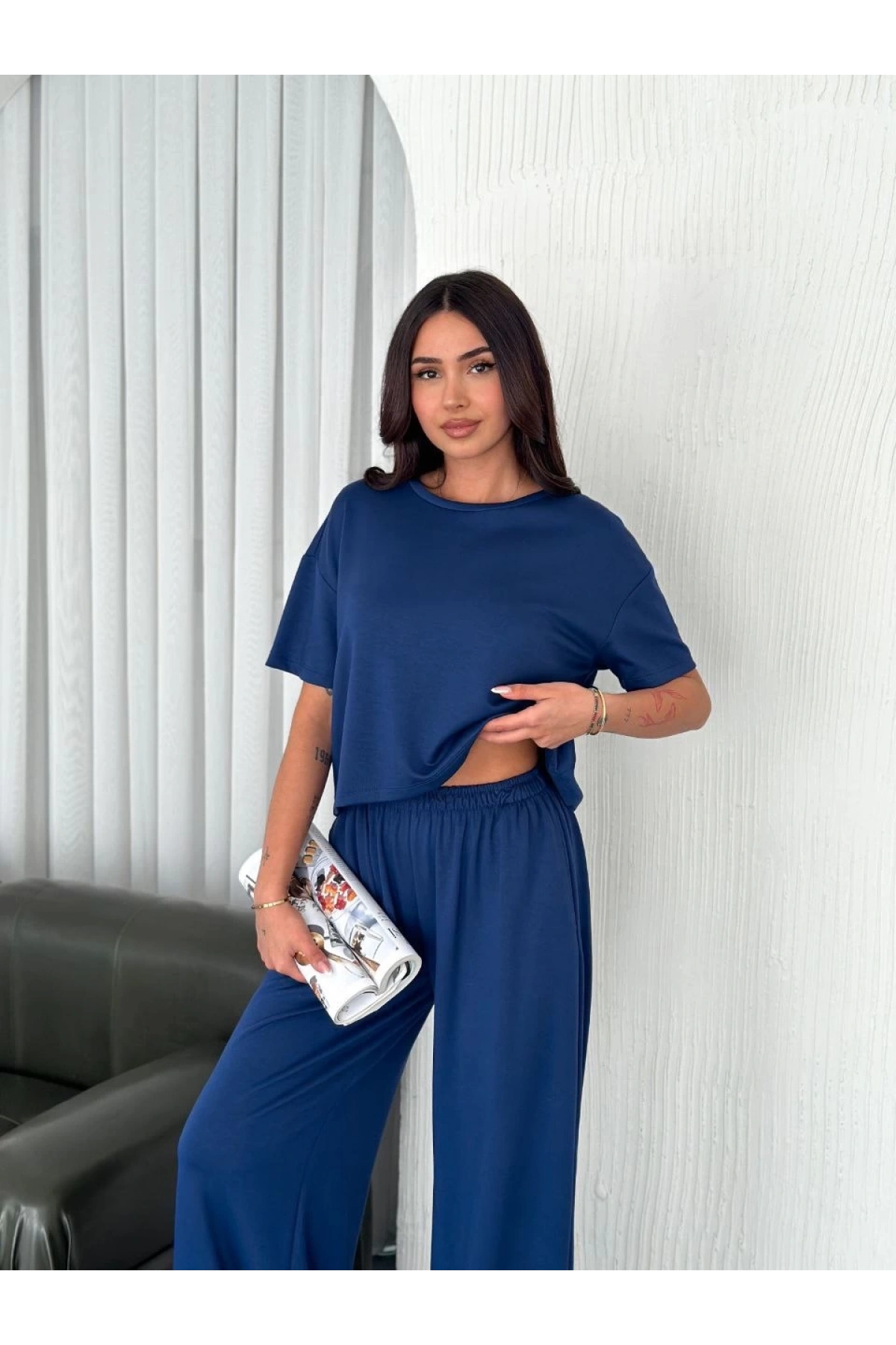 Osy Modal Yumuşak Dokulu Kumaş Bisiklet Yaka T-shirt Bol paça Pantalon ikili Takım -Saks Mavi