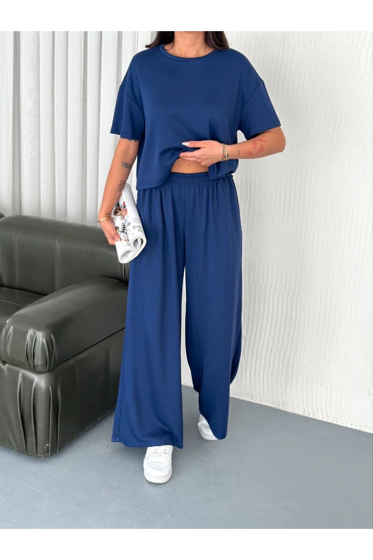 Osy Modal Yumuşak Dokulu Kumaş Bisiklet Yaka T-shirt Bol paça Pantalon ikili Takım -Saks Mavi