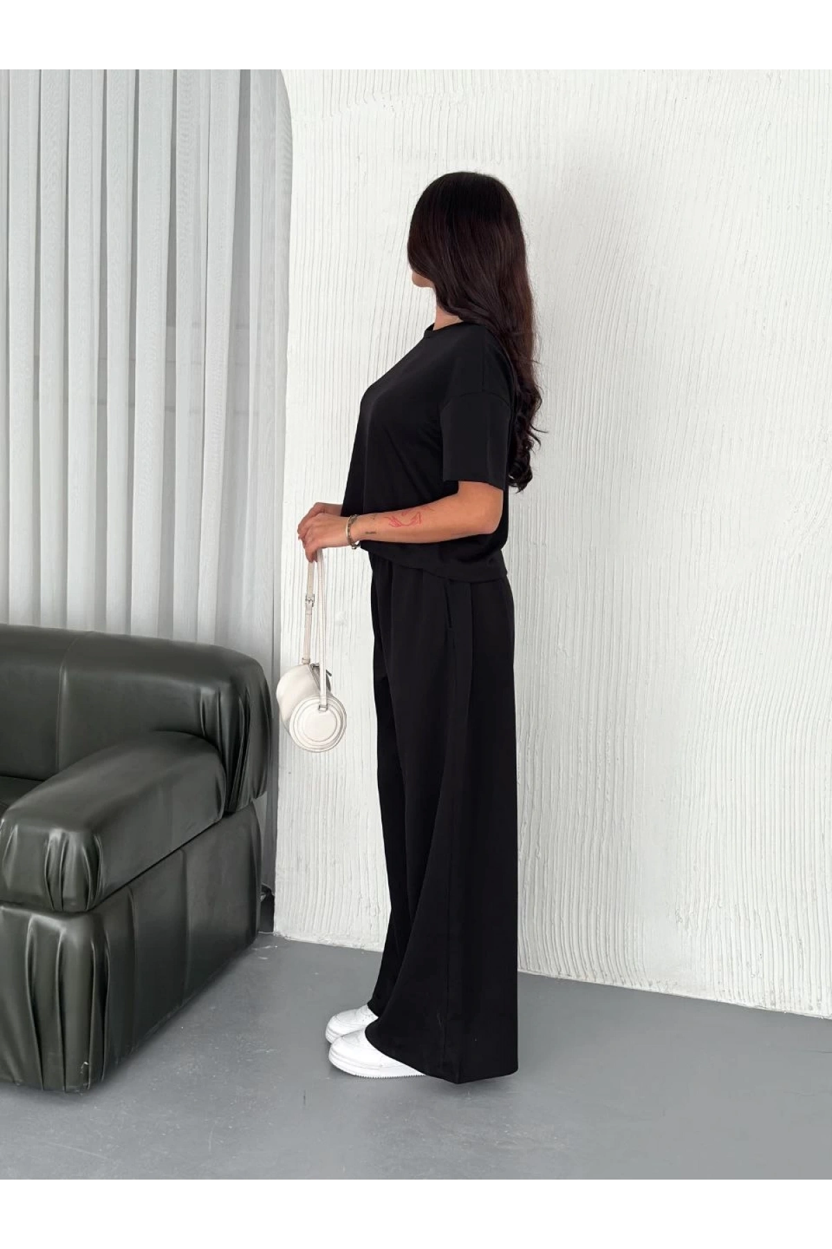 Osy Modal Yumuşak Dokulu Kumaş Bisiklet Yaka T-shirt Bol paça Pantalon ikili Takım -Siyah