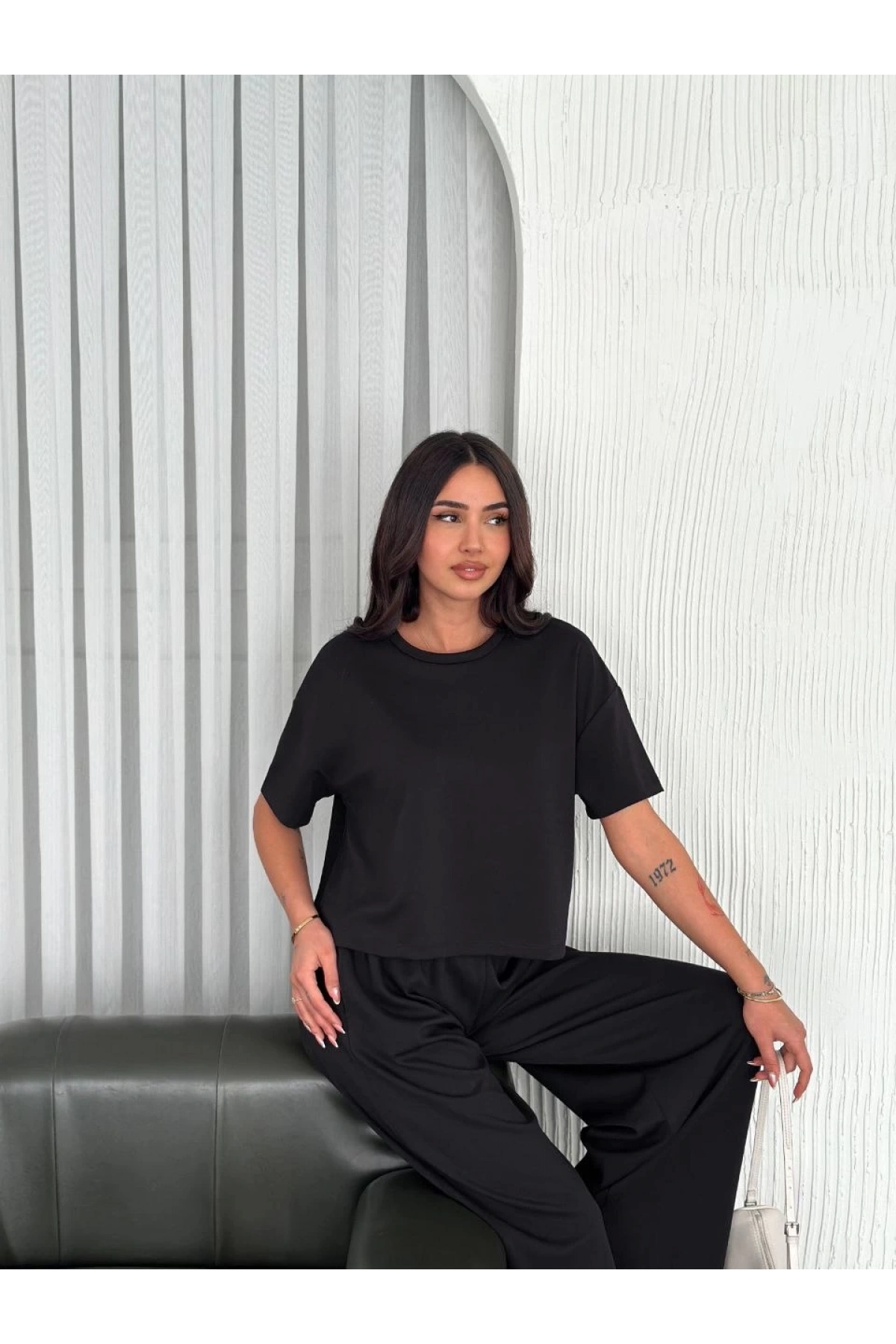 Osy Modal Yumuşak Dokulu Kumaş Bisiklet Yaka T-shirt Bol paça Pantalon ikili Takım -Siyah