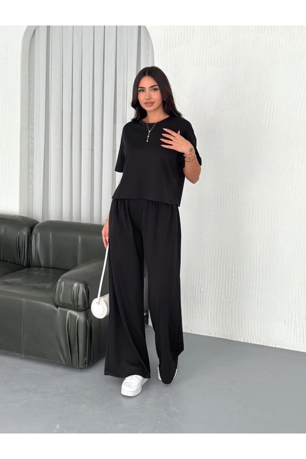 Osy Modal Yumuşak Dokulu Kumaş Bisiklet Yaka T-shirt Bol paça Pantalon ikili Takım -Siyah