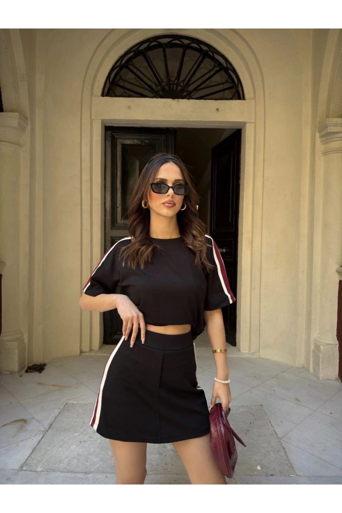 Osy Modal yumuşak dokulu Kumaş Kadın Parçalı Bisiklet Yaka T-shirt Mini Şortlu Etek İkili Takım - Siyah