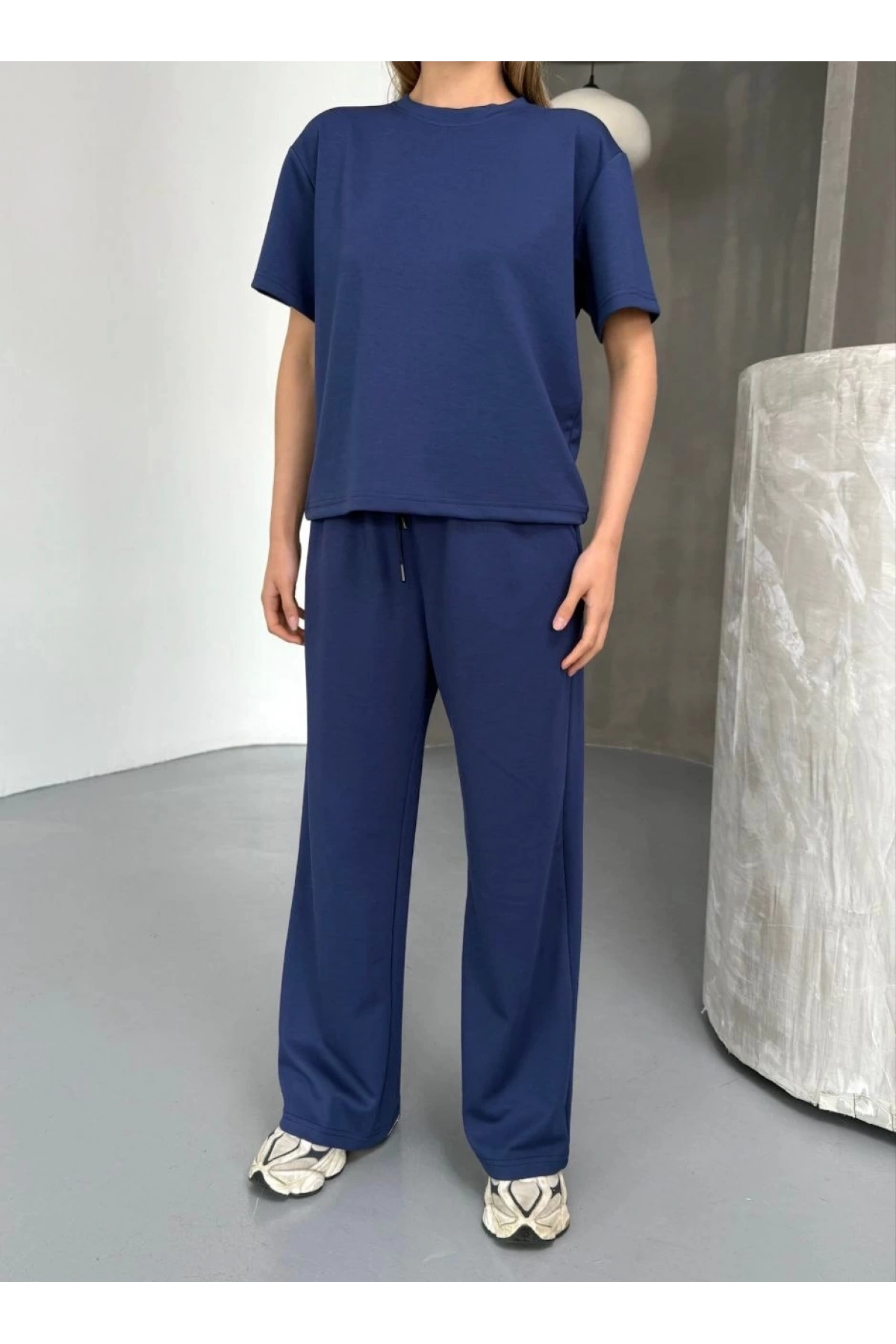 Osy Modal Yumuşak Dokulu Kumaş Kısa Kollu Bluz Rahat Pantalon ikili Takım- Lacivert