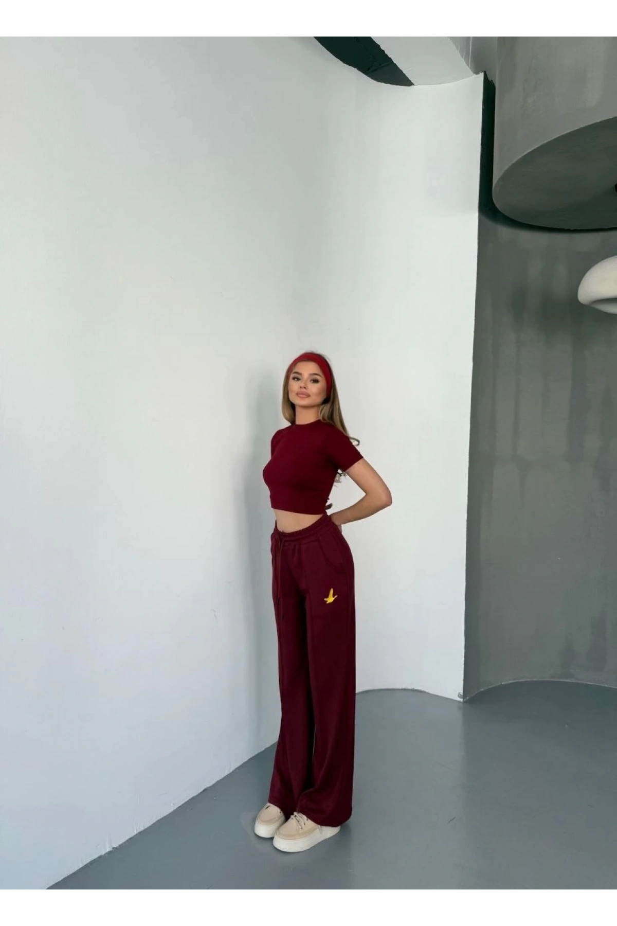 Osy Modal Yumuşak Dokulu Kumaş Nakış işlemeli Rahat Bol Paça Eşofman Pantalon - Bordo