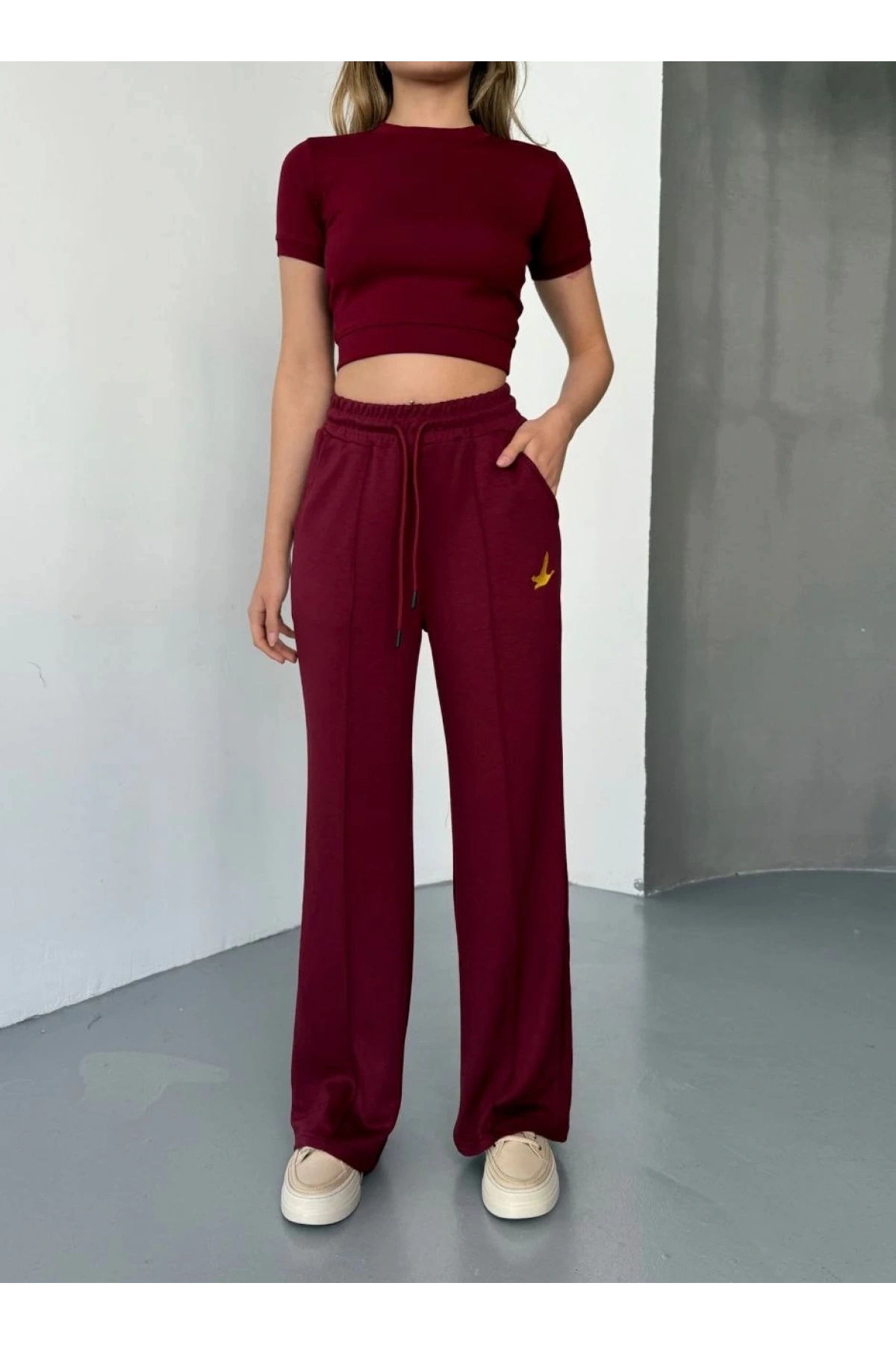 Osy Modal Yumuşak Dokulu Kumaş Nakış işlemeli Rahat Bol Paça Eşofman Pantalon - Bordo