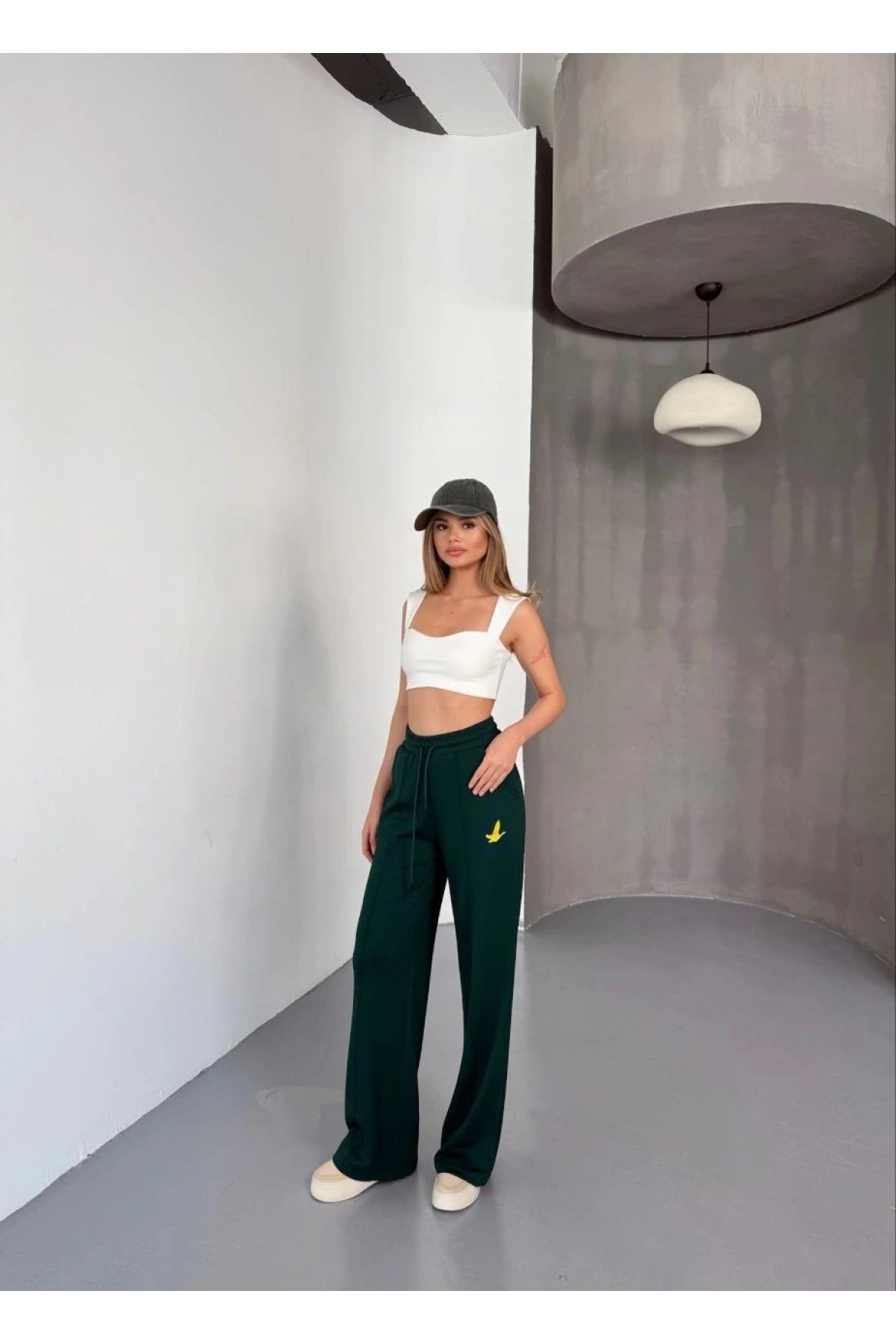 Osy Modal Yumuşak Dokulu Kumaş Nakış işlemeli Rahat Bol Paça Eşofman Pantalon - Yeşil