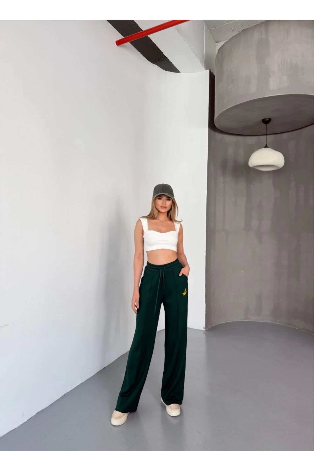 Osy Modal Yumuşak Dokulu Kumaş Nakış işlemeli Rahat Bol Paça Eşofman Pantalon - Yeşil