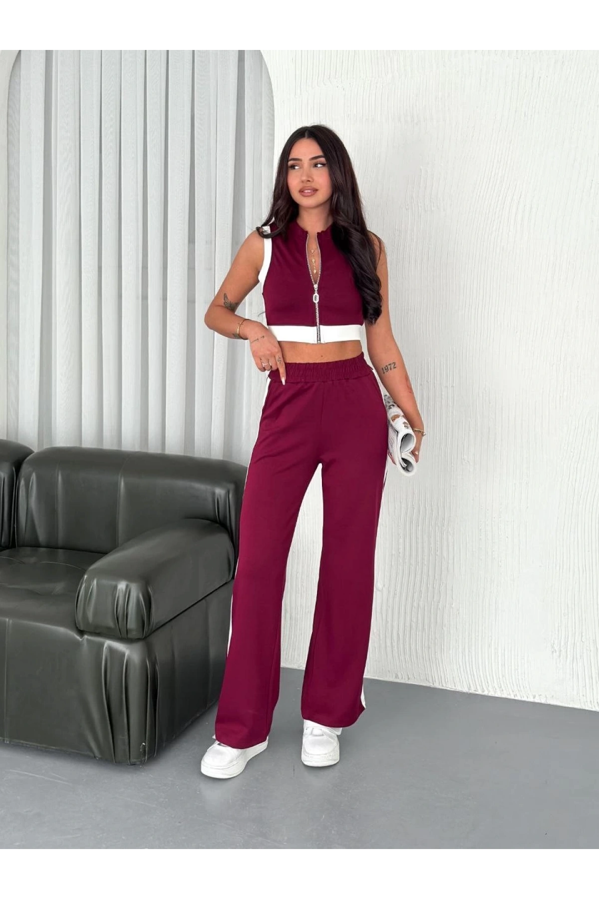 Osy Modal Yumuşak Dokulu Kumaş Tam Fermuarlı Crop Pantalon İkili Takım - Bordo