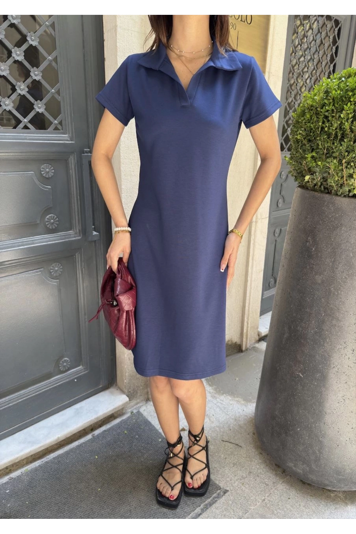 Osy Modal Yumuşak Dokulu Kumaş Yakalı Kısa Kollu Elbise - Mavi